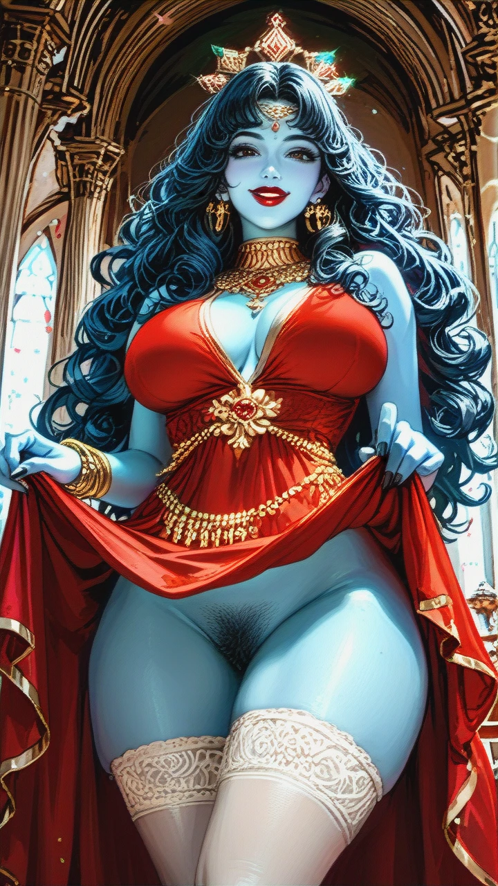 Devine indian Goddess, Cute, beautiful black eyes, (curvy), blue skin, crown, ornaments, kind, smile, big perky boobs, red top, long black curly hair, looking at viewer, (tongue_out), flower gold pubic hair, hair bangs, earings, thicc thighs, Dark red (lipstick), bracelets, virgin, (legs_up), midriff, (skirt_lift), 2 piece dress, milf, stockings,