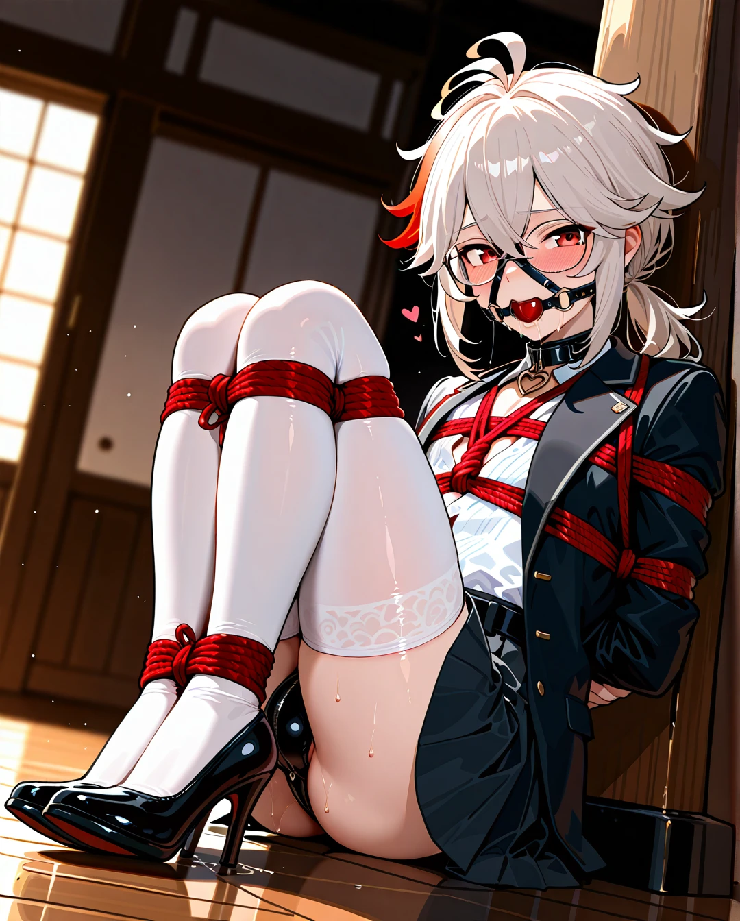 1boy, arms behind back, ball gag, bdsm, blush, bondage, bound, bound arms, gag, gag harness, gagged, gray hair, hair between eyes, heart, kaedehara kazuha, male focus, multicolored hair, high heels with belt, red eyes, red hair, white thighhighs, rope, saliva, shibari, solo, streaked hair, thighhighs, white hair, bound legs, bondage, gagged, gag, ball gag, bound, bound ankles, bound arms, bound legs, rope pattern on chest, black rope, (bondage), (shibari), white classic shirt, black classic jacket, black pleated skirt, beautiful collar, full body, glasses below the eyes