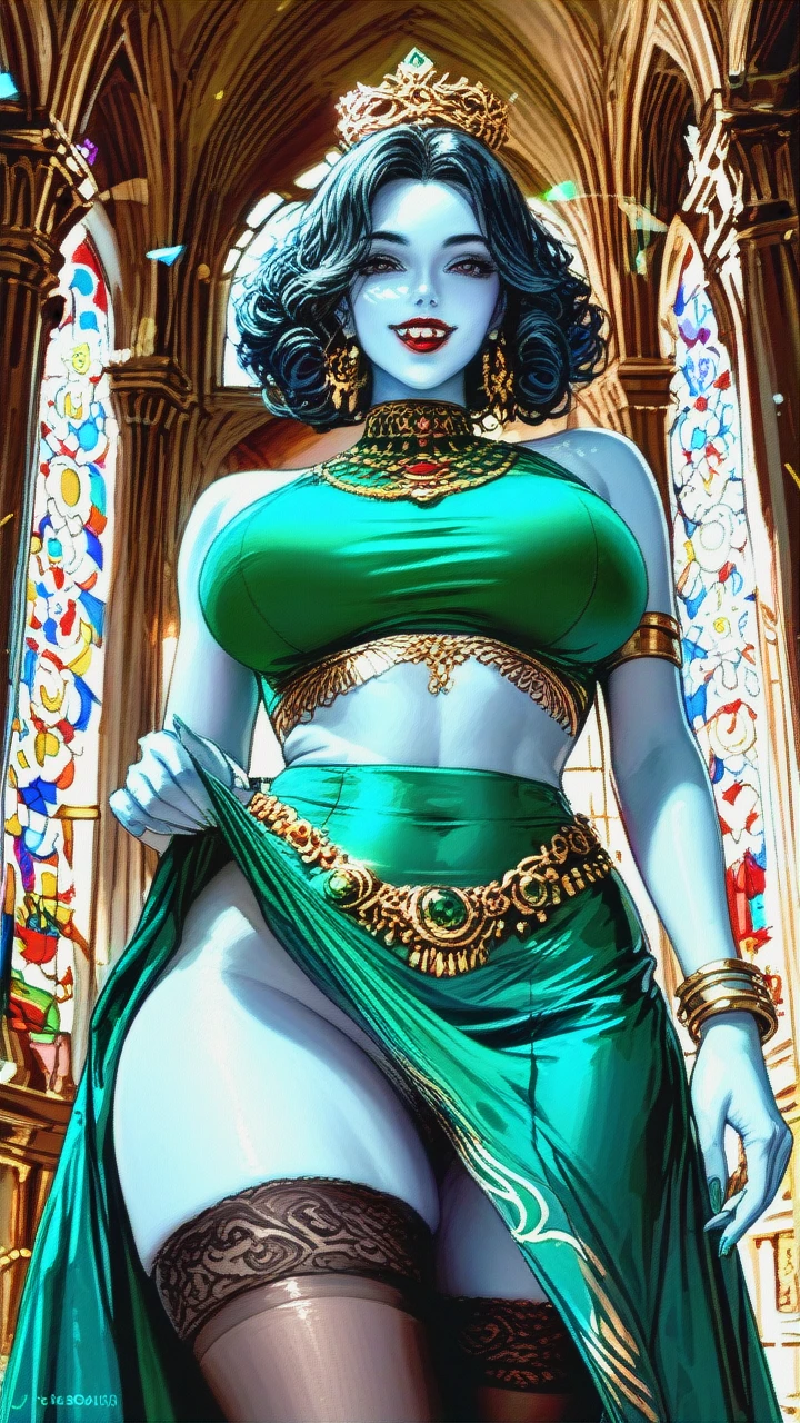 Devine indian Goddess, Cute, beautiful black eyes, (curvy), blue skin, crown, ornaments, kind, smile, big perky boobs, green top, long black curly hair, looking at viewer, (tongue_out), fangs, flower gold pubic hair, hair bangs, earings, thicc thighs, Dark red (lipstick), bracelets, virgin, (legs_up), midriff, (skirt_lift), 2 piece dress, milf, stockings,