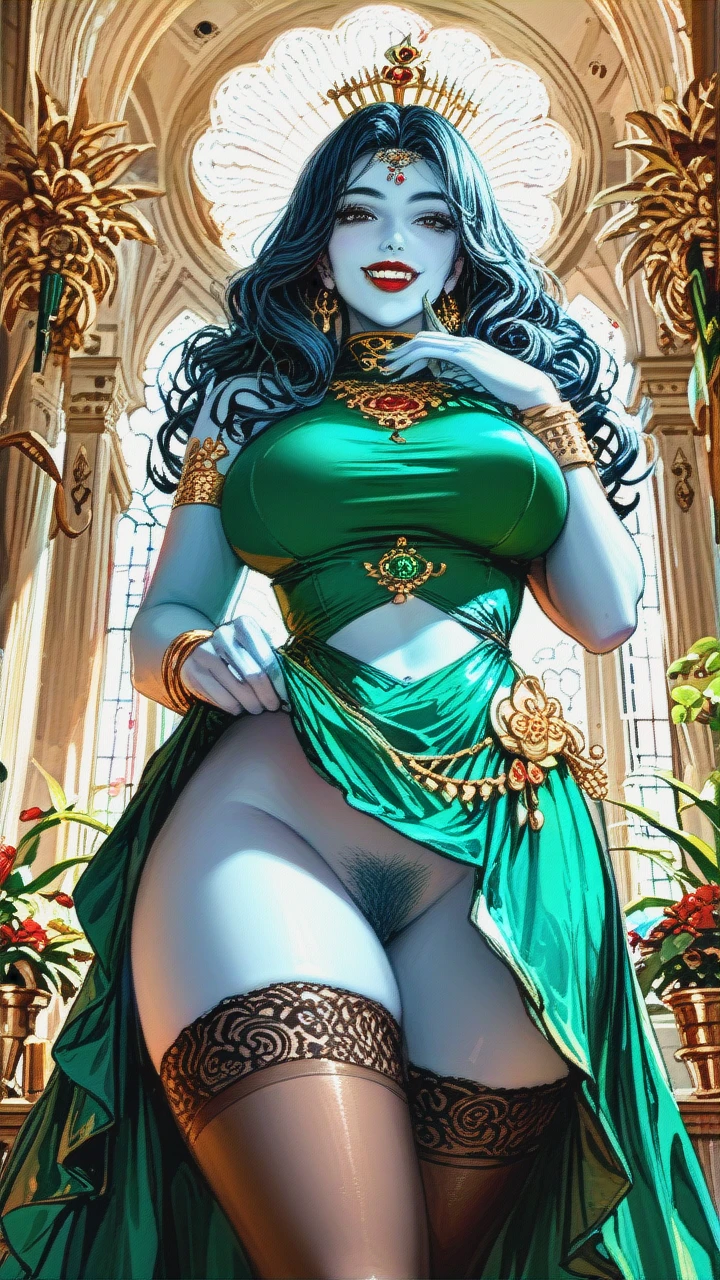 Devine indian Goddess, Cute, beautiful black eyes, (curvy), blue skin, crown, ornaments, kind, smile, big perky boobs, green top, long black curly hair, looking at viewer, teeth, fangs, flower gold pubic hair, hair bangs, earings, thicc thighs, Dark red (lipstick), bracelets, virgin, (legs_up), midriff, (skirt_lift), 2 piece dress, milf, stockings,