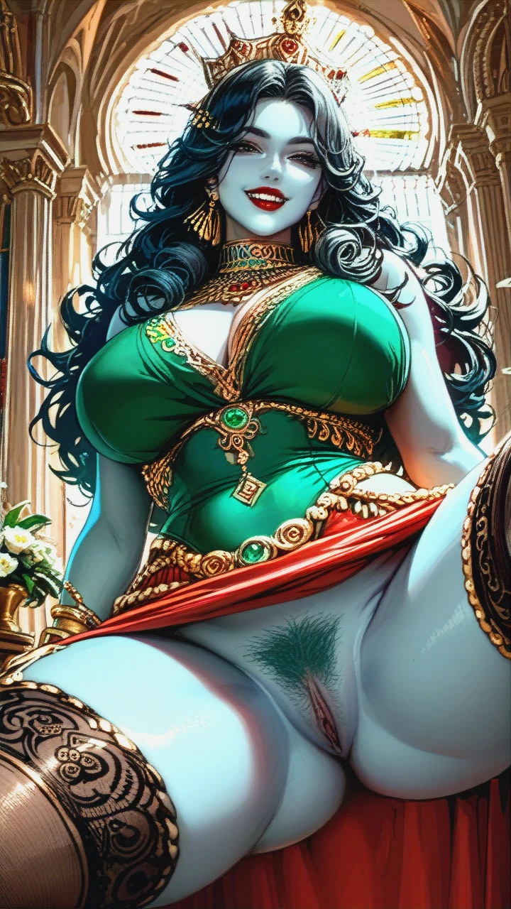 Devine indian Goddess, Cute, beautiful black eyes, (curvy), blue skin, crown, ornaments, kind, smile, big perky boobs, green top, long black curly hair, looking at viewer, teeth, fangs, flower gold pubic hair, hair bangs, earings, thicc thighs, Dark red (lipstick), bracelets, virgin, (spread_legs), midriff, (skirt_lift), 2 piece dress, milf, stockings,