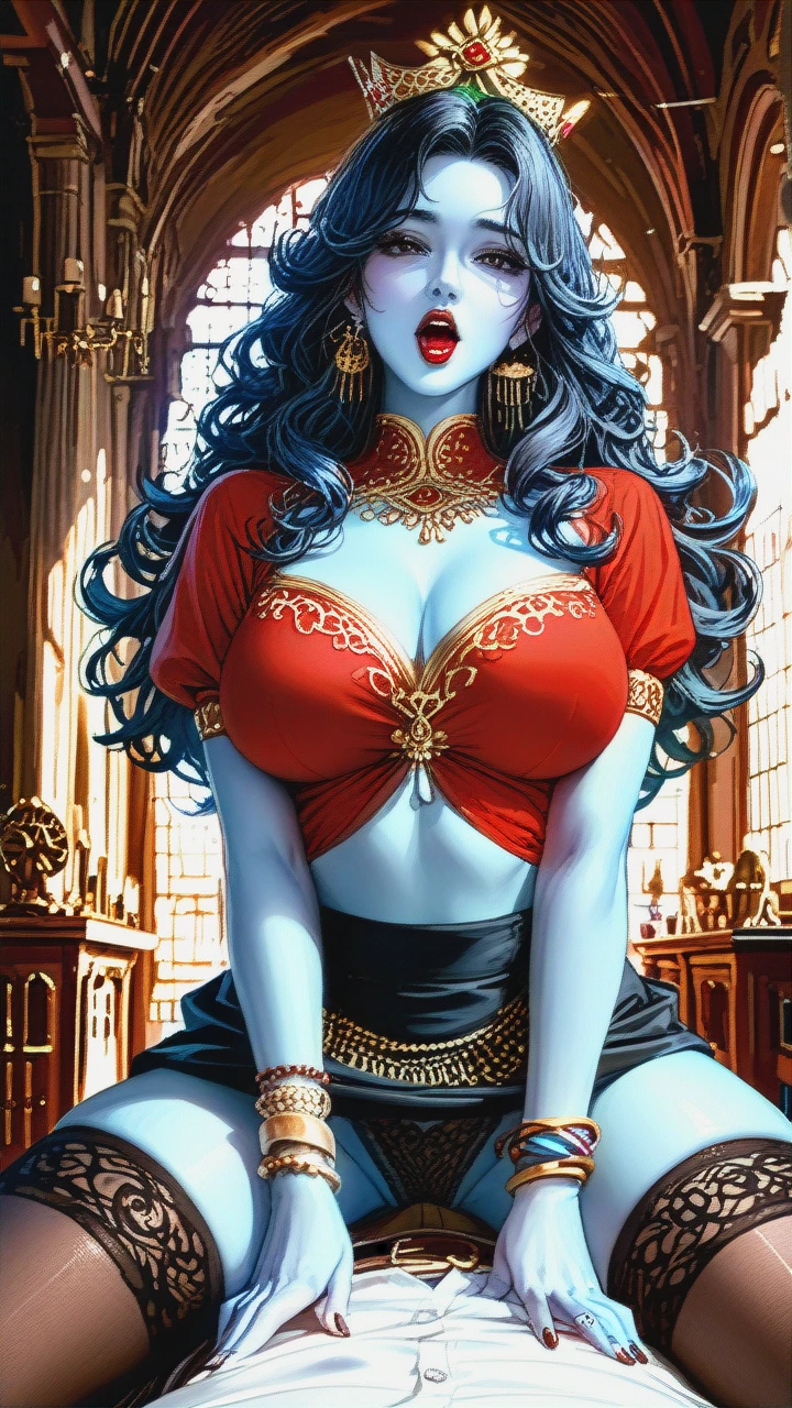 Devine indian Goddess, Cute, beautiful black eyes, (curvy), blue skin, crown, ornaments, kind, big perky boobs, red top, long black curly hair, looking at viewer, (tongue), hair bangs, earings, thicc thighs, Dark red (lipstick), bracelets, virgin, midriff, (skirt_lift), 2 piece dress, milf, stockings, (moaning), women on top, pov,