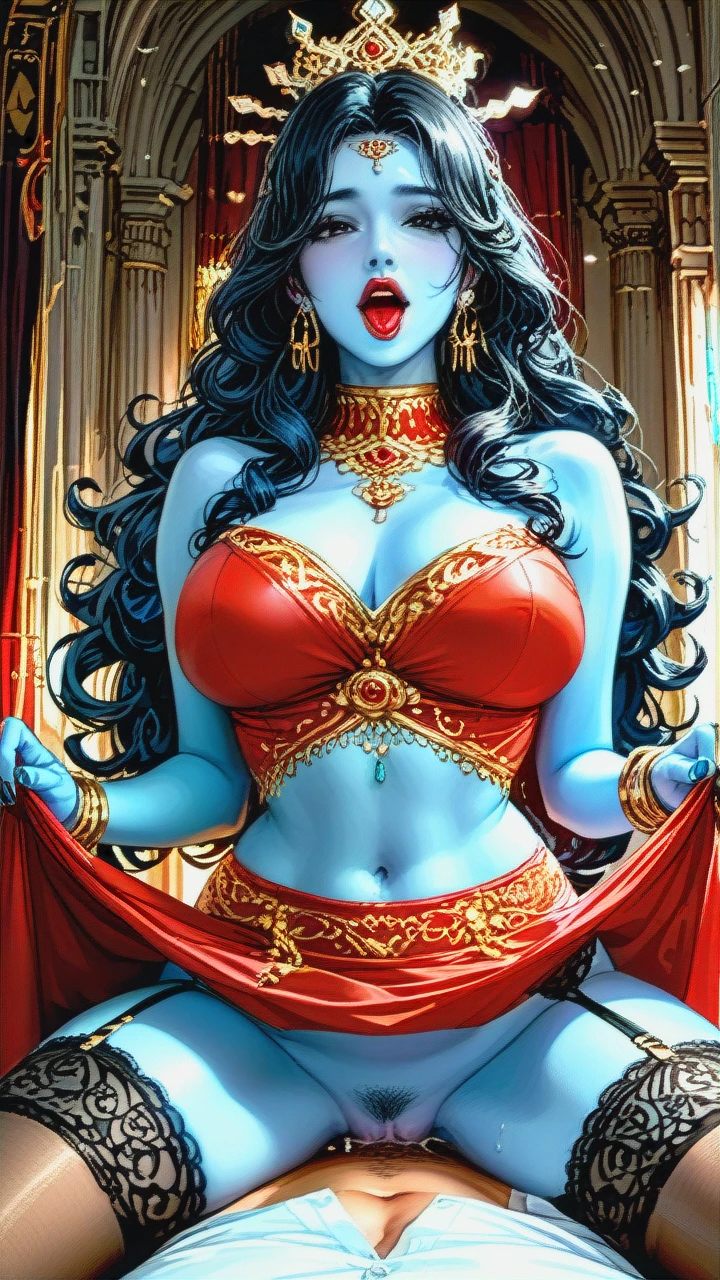 Devine indian Goddess, Cute, beautiful black eyes, (curvy), blue skin, crown, ornaments, kind, big perky boobs, red top, long black curly hair, looking at viewer, (tongue), hair bangs, earings, thicc thighs, Dark red (lipstick), bracelets, virgin, midriff, (skirt_lift), 2 piece dress, milf, garter belt, stockings, (moaning), women on top, sex with viewer, pov,