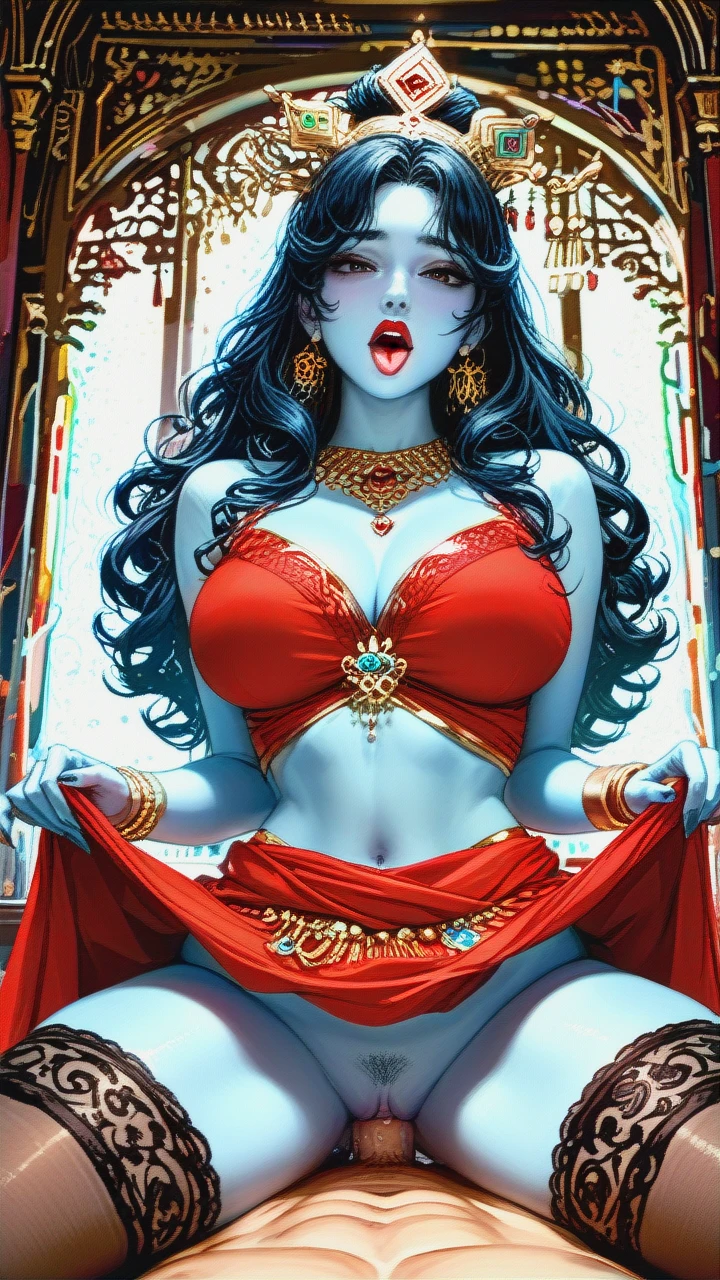 Devine indian Goddess, Cute, beautiful black eyes, (curvy), blue skin, crown, ornaments, kind, big perky boobs, red top, long black curly hair, looking at viewer, (tongue), hair bangs, earings, thicc thighs, Dark red (lipstick), bracelets, virgin, midriff, (skirt_lift), 2 piece dress, milf, stockings, (moaning), women on top, sex with viewer, pov,