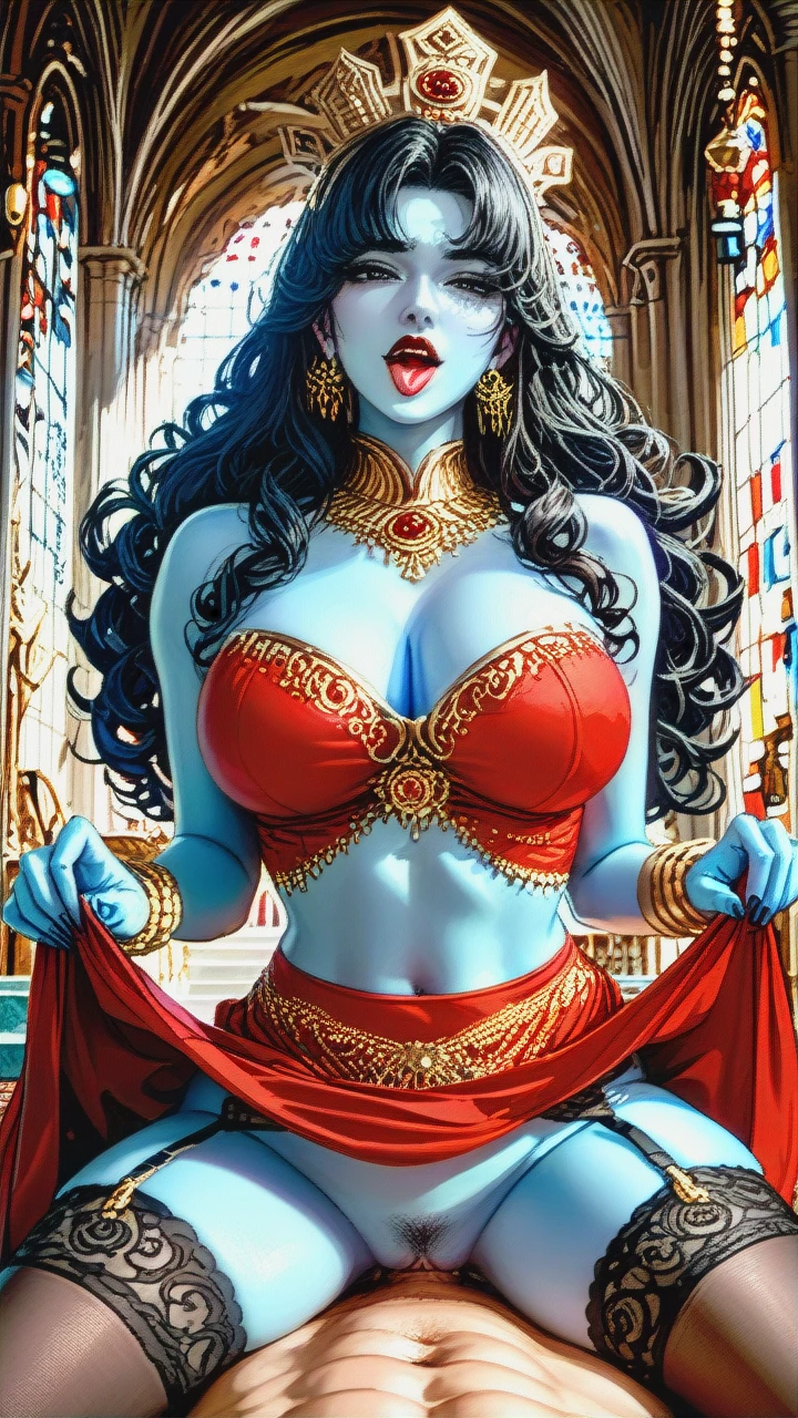 Devine indian Goddess, Cute, beautiful black eyes, (curvy), blue skin, crown, ornaments, kind, big perky boobs, red top, long black curly hair, looking at viewer, (tongue), hair bangs, earings, thicc thighs, Dark red (lipstick), bracelets, virgin, midriff, (skirt_lift), 2 piece dress, milf, garter belt, stockings, (moaning), women on top, sex with viewer, pov, (naughty_face)