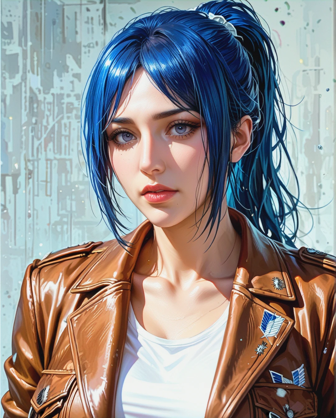 Rinko iori, mature, Brown jacket attack on titan with tank top white, Grabbed by old man, ponytail,face sharp,High Real Realistic Realistic,face focus,blue hair