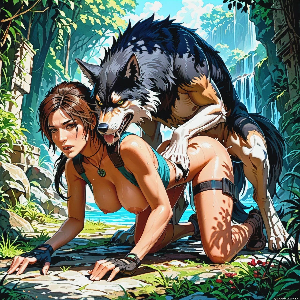 1wolf, 1girl, big_breasts, on_fours, vaginal, vaginal, vaginal_knotting, knotting, @lara_croft