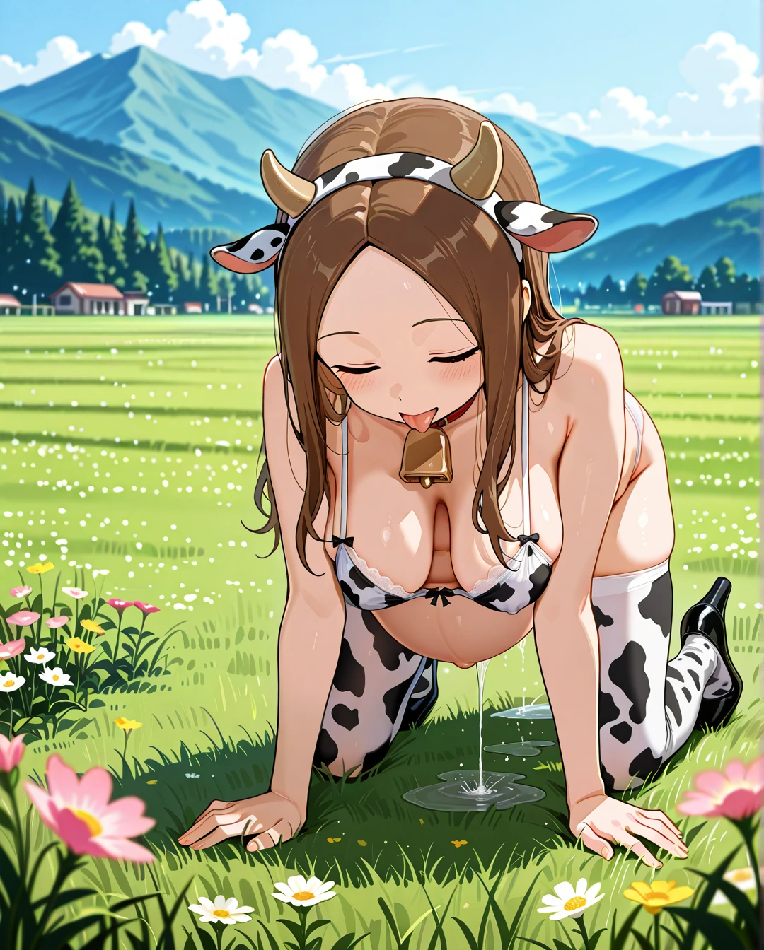 @takagi-san , (pregnant), wavy Lush hair , (medium_breasts), bra,panties, stockings, high heels, cow print, cow bell,cow horns, cow ears, (head_down),(all_fours) (hanging_breasts) ,  , in green field,mountain, flowers, pasture, licking water from puddle, full body from front