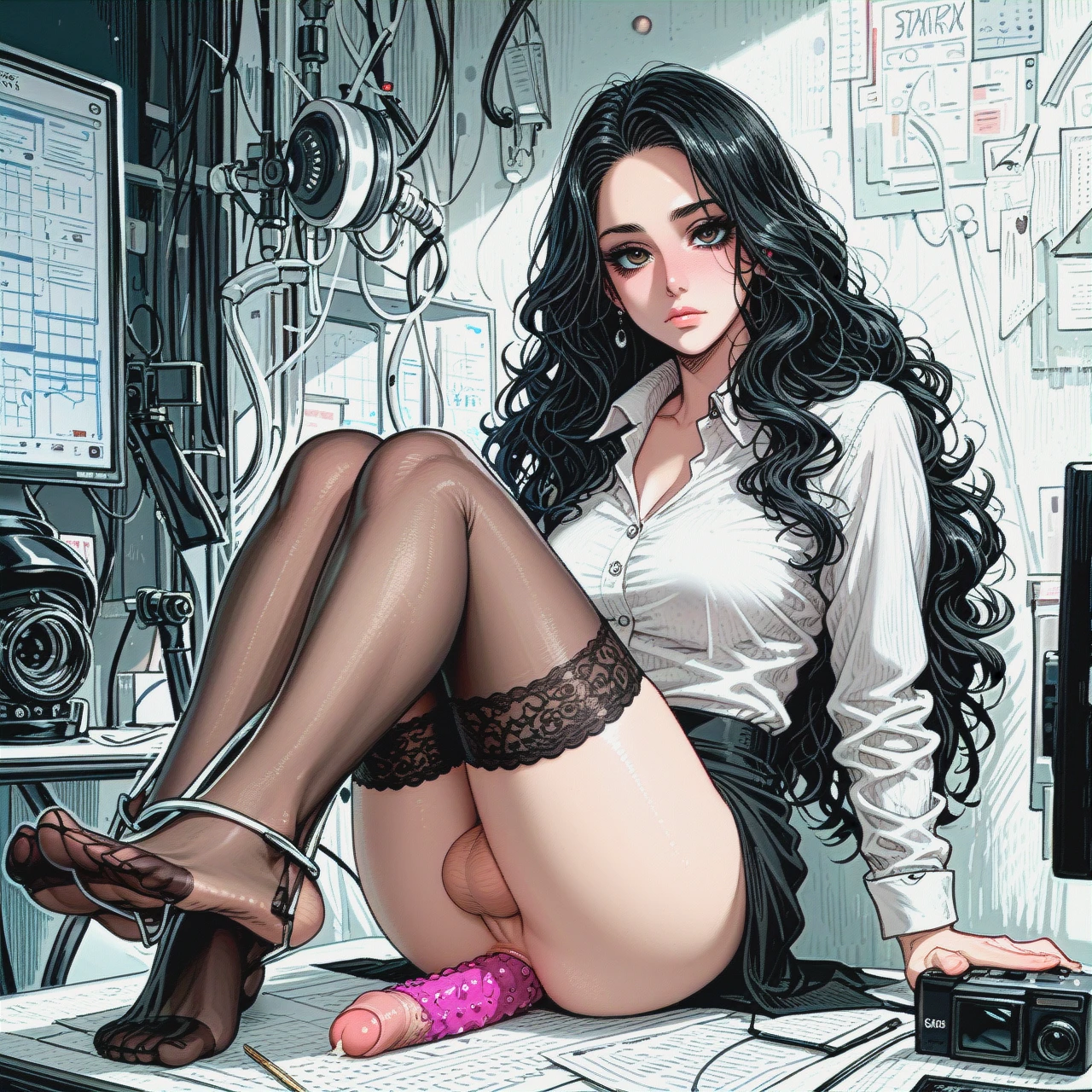 beautiful woman , 27 years , long wavy hair , Black hair , Hairstyle revealing ears, forehead, and entire face , Stop using hair and silk threads to cover your face and eyes , expressionless face , Perfect female figure , Long and slender legs , macromastia , white shirt , black suspender stockings , Stocking feet , (futanari) , foreskin penis , flaccid penis , solo , (full_body) , Hairstyle revealing forehead and facial contours , Clean the lines on the face , (anal_object_insertion) using dildo machine) , clean and tidy face , clean and tidy face , No makeup  , Normal hands , impotence , Penile ejaculation of semen , office , (Foot sole facing towards camera)