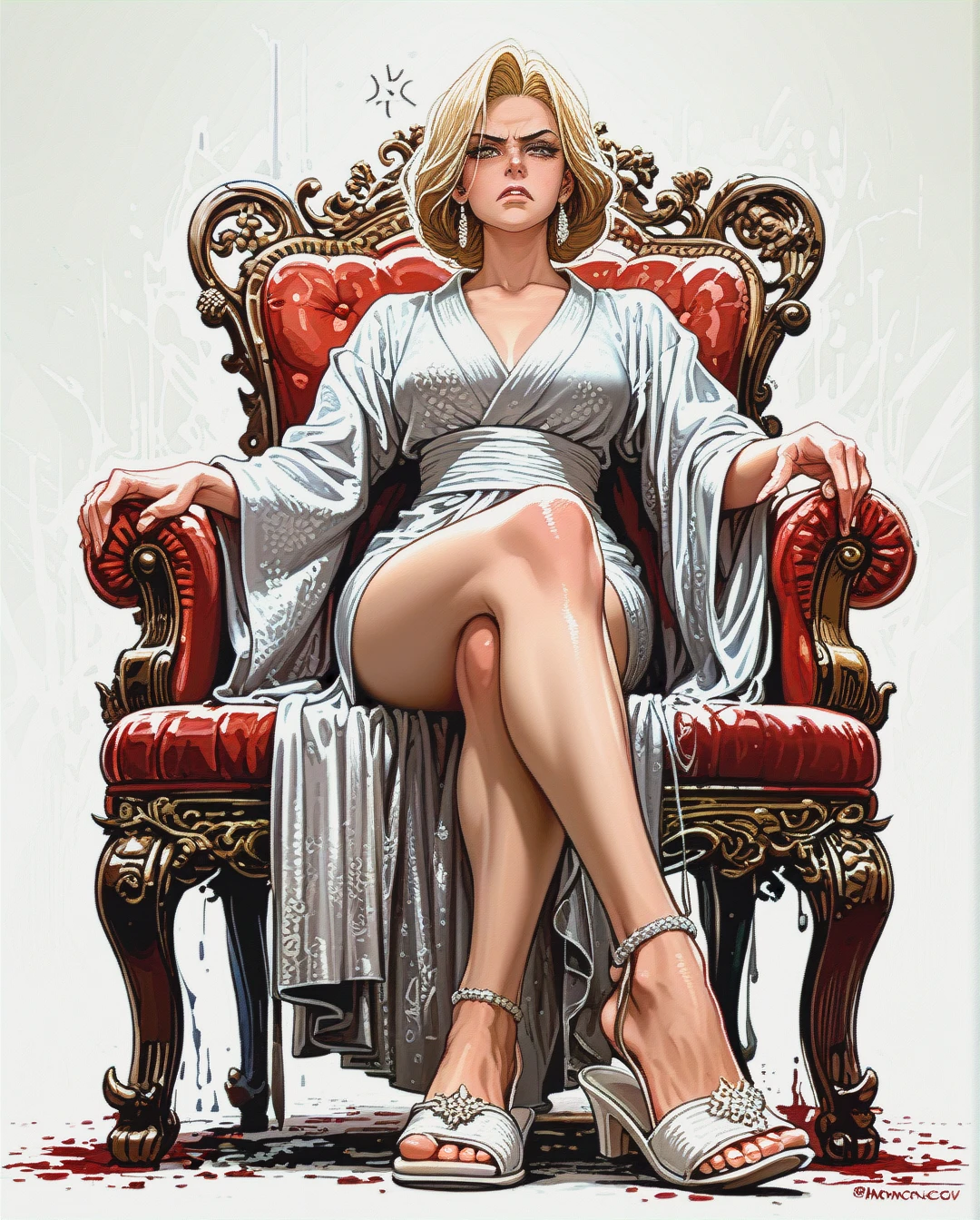 1girl, solo, (skinny), (mature_female), 50 year old, blonde hair, straight hair, silk robe, slippers,  (sitting) on chair, shoe dangle, (crossed_legs), (annoyed),  (facing_viewer), (from_below), (full_body)