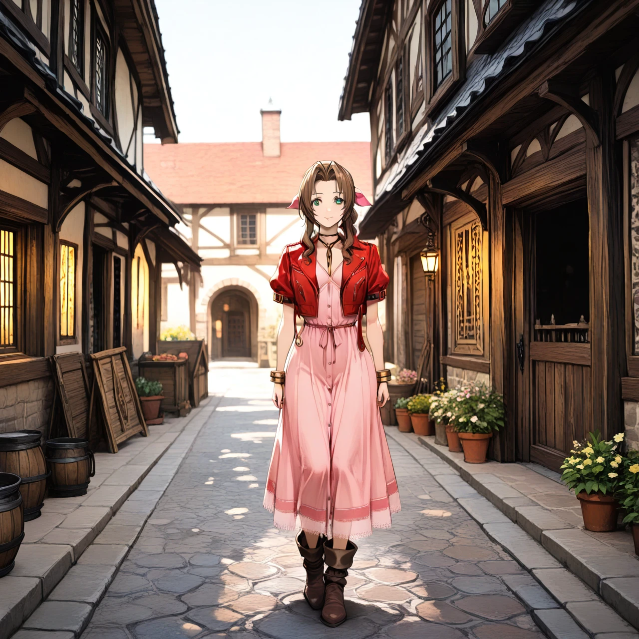 bustling medieval town, cobblestone streets, lively marketplace, rustic wooden houses, intricate medieval architecture, studio ghibli style. @aerith_gainsborough