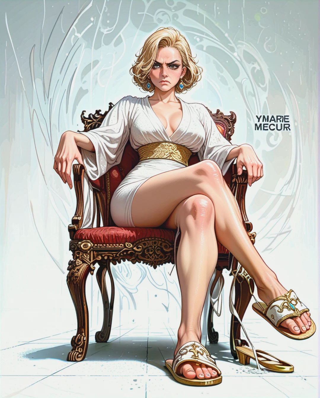 1girl, solo, (skinny), (mature_female), 50 year old, blonde hair, straight hair, pyjamas, slippers,  (sitting) on chair, shoe play, (crossed_legs), (annoyed),  (facing_viewer), (from_below), (full_body)