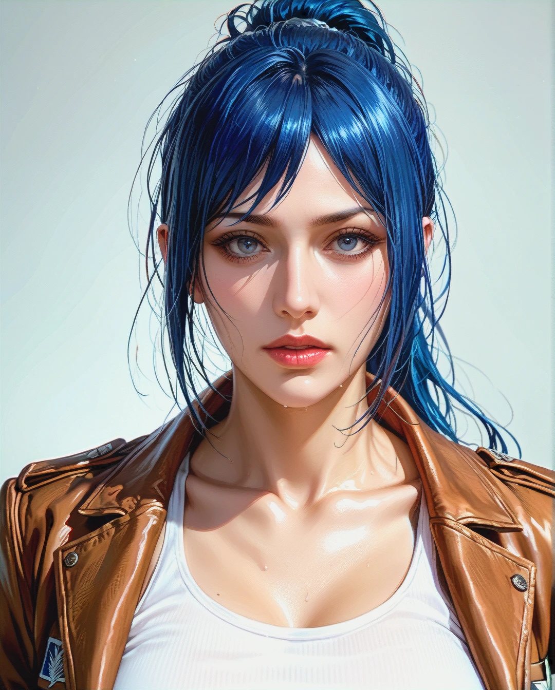 Rinko iori, mature, Brown jacket attack on titan with tank top white, Grabbed by old man, ponytail,face sharp,High Real Realistic Realistic,face focus,blue hair