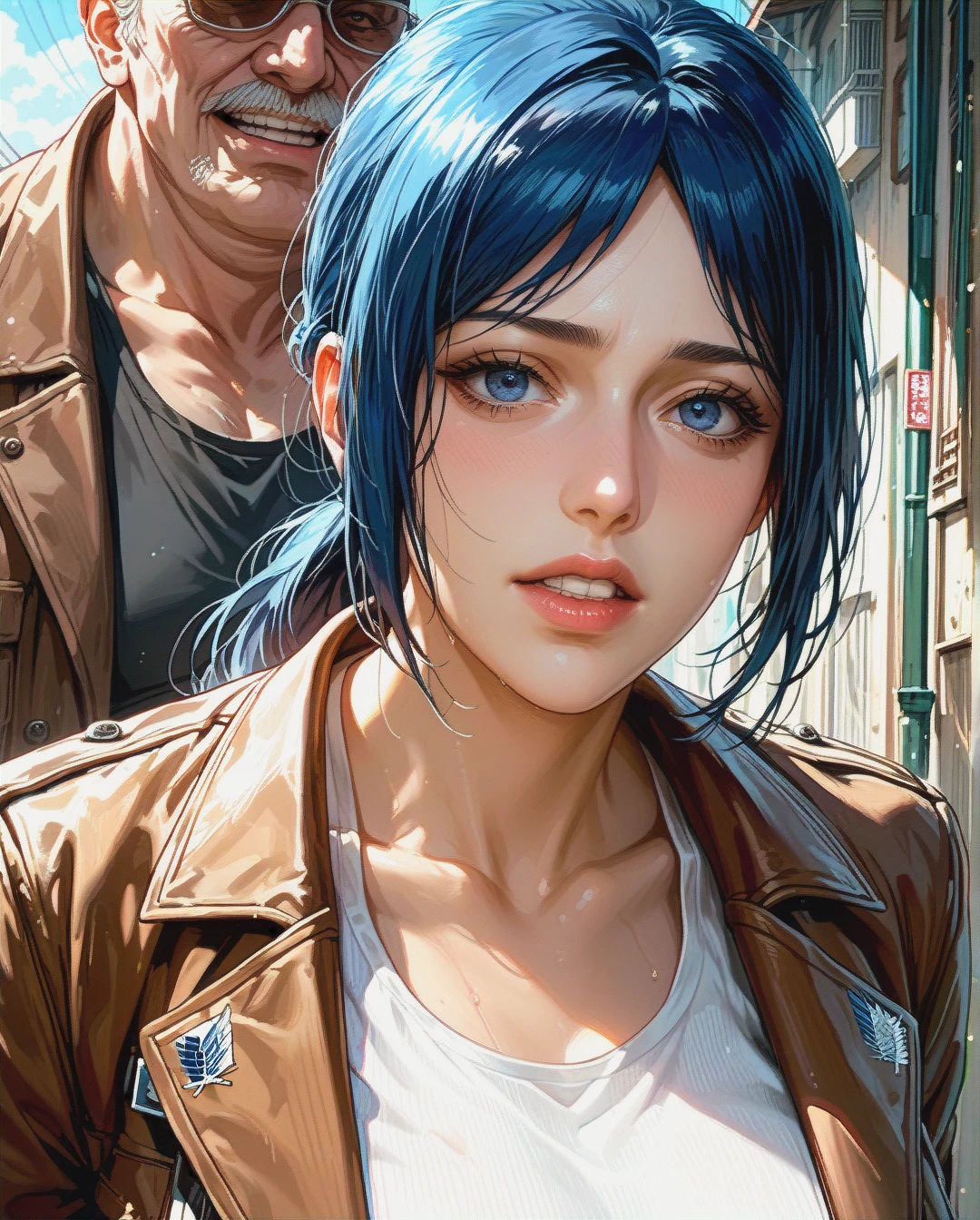 Rinko iori, mature, Brown jacket attack on titan with tank top white, Grabbed by old man, ponytail,face sharp,face focus