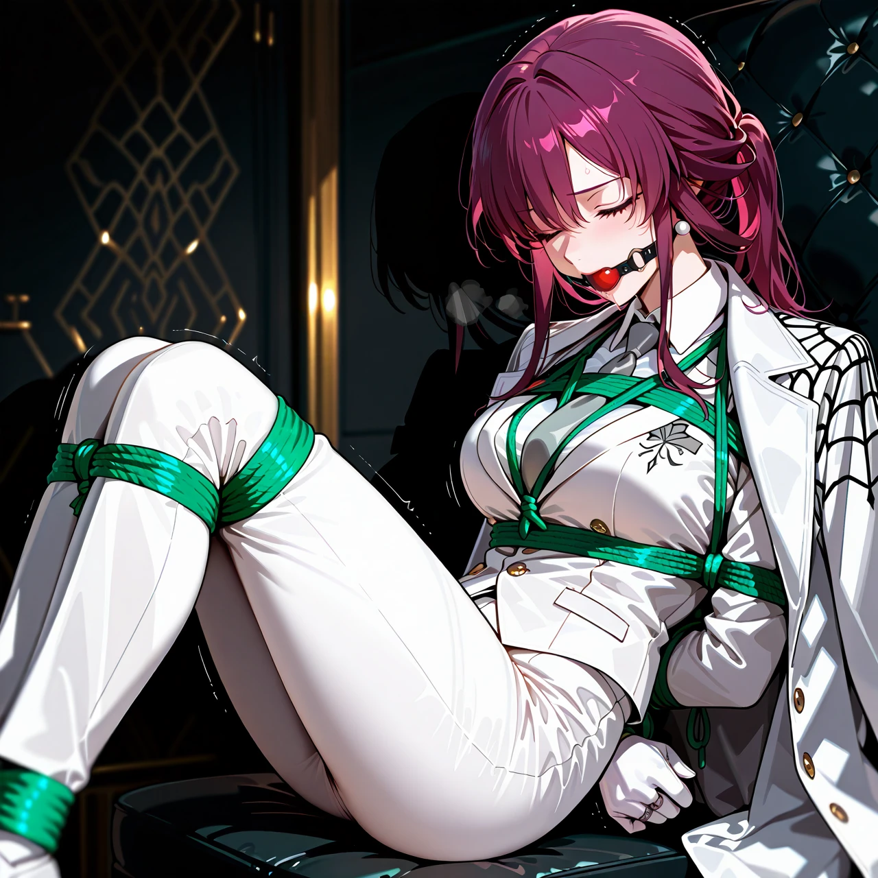 1girl, alternate costume, breasts, closed eyes, closed mouth, coat, coat on shoulders, collared shirt, formal, gloves, grey necktie, jacket, jewelry, kafka \(honkai: star rail\), long hair, long sleeves, necktie, pants, purple hair, ring, shirt, solo, suit, vest, white coat, white gloves, white jacket, white necktie, white pants, white shirt, white vest, bound legs, bondage, gagged, gag, ball gag, bound, bound ankles, bound arms, bound legs, rope pattern on chest, green rope, (bondage), (shibari)