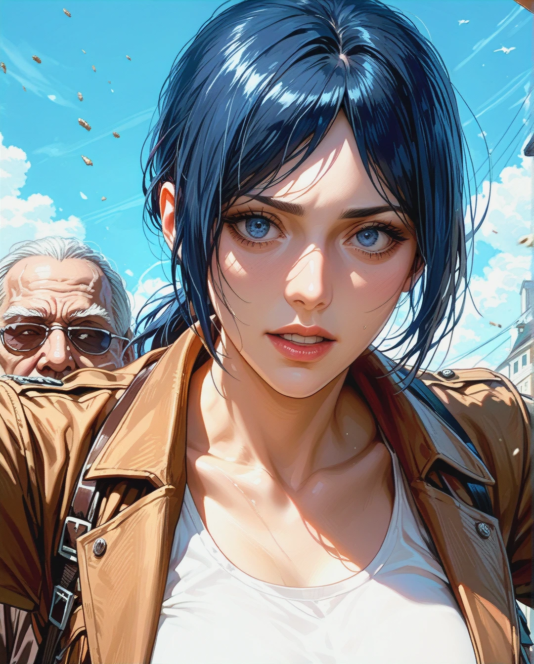 Rinko iori, mature, Brown jacket attack on titan with tank top white, Grabbed by old man, ponytail,face sharp,face focus