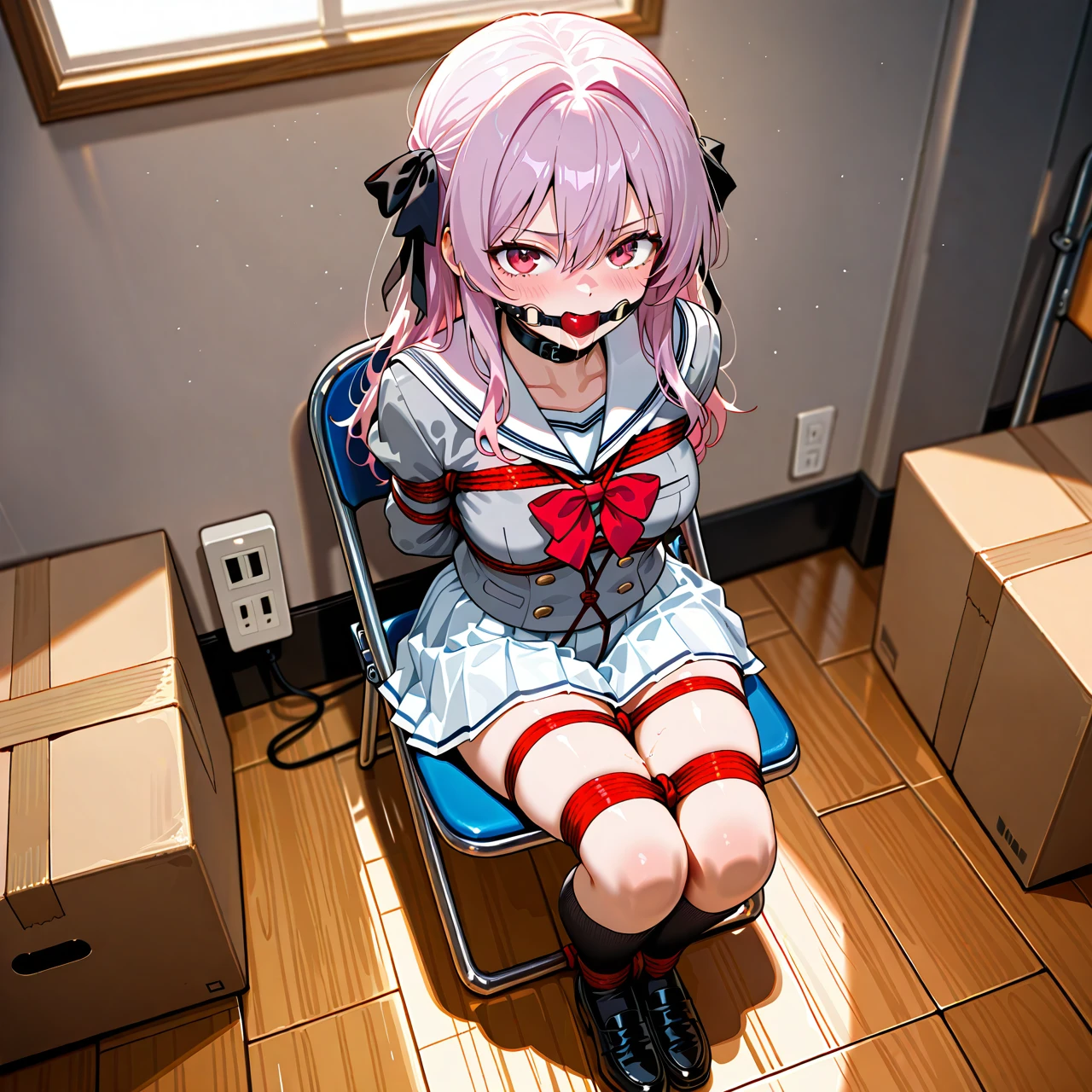 1girl, arms behind back, bdsm, black ribbon, black socks, blush, bondage, bound, bound ankles, bound arms, bound legs, bow, bowtie, box, buttons, cardboard box, chair, electrical outlet, folding chair, full body, grey shirt, hair between eyes, hair ribbon, indoors, jacket, kneehighs, legs together, long hair, long sleeves, looking at viewer, miniskirt, shoes, on chair, pink eyes, pink hair, pleated skirt, puffy sleeves, purple hair, red bow, red bowtie, red eyes, red rope, restrained, ribbon, rope, sailor collar, school uniform, serafuku, shibari, shibari over clothes, shirt, sitting, skirt, socks, solo, white sailor collar, white skirt, wooden floor, bondage, gagged, gag, ball gag, bound, bound ankles, bound arms, bound legs, rope pattern on chest, black rope, (bondage), (shibari)