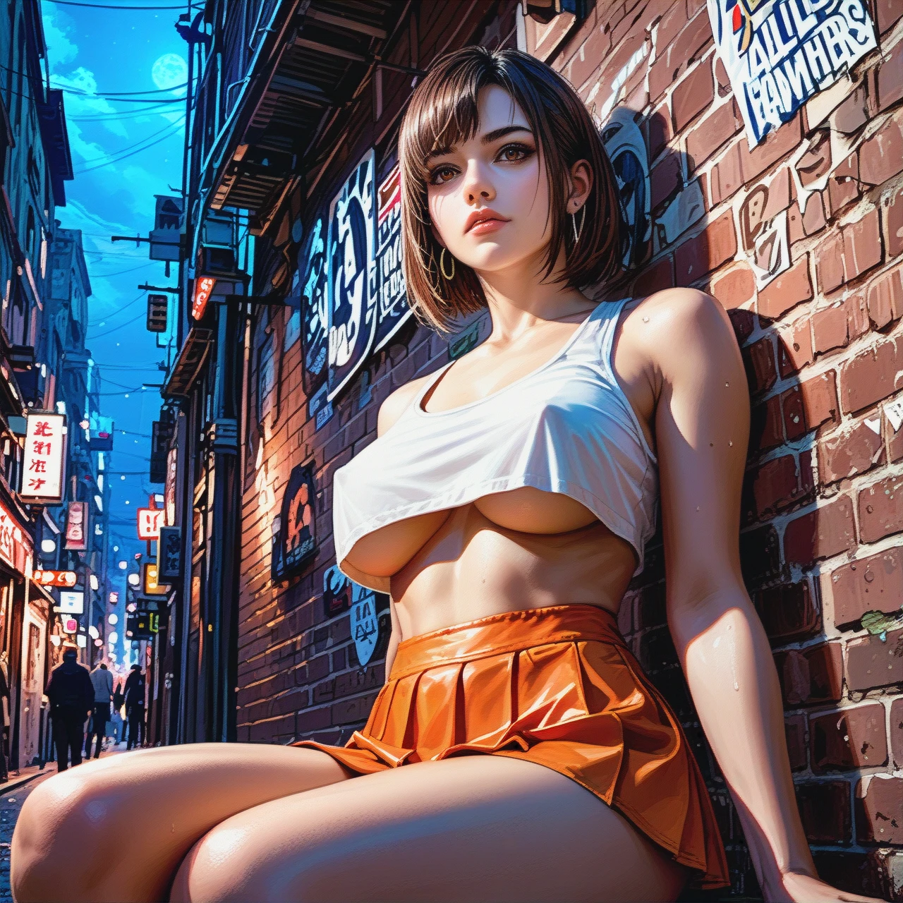 adventurer, brown eyes, wolfcut hair, white tank top, braless, underboob, nipple bulges, orange microskirt, empty street, view, night, sitting in front of club, leaning against wall, thoughtful, detailed, realistic, low angle