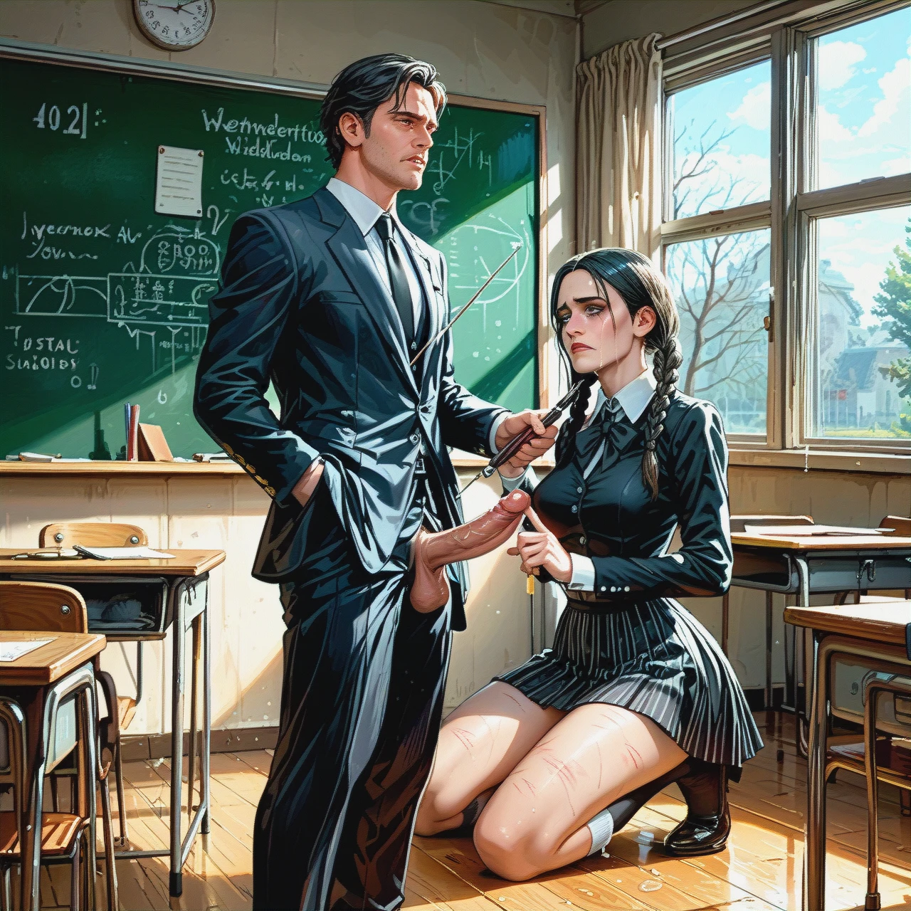 Wednesday Addams, school uniform, kneeling, crying, no ass marks, Man. standing next to him, dressed, a teacher, holding a rod in his hand, an old classroom.,penis pop out, wednesday leg up held by teacher,deeply thrust cock into wednesday,breasts exposed,navel exposed