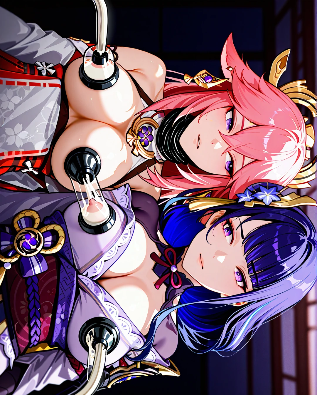 2 girls,@yae_miko, (sideways_glance) (kimono_lift) , (from_side) , (asphyxiation); , (milking_machine),(dual_wielding),@raiden_shogun, (sideways_glance) (kimono_lift) , (from_side)  , (asphyxiation); , (dual_wielding), (breast_grab)