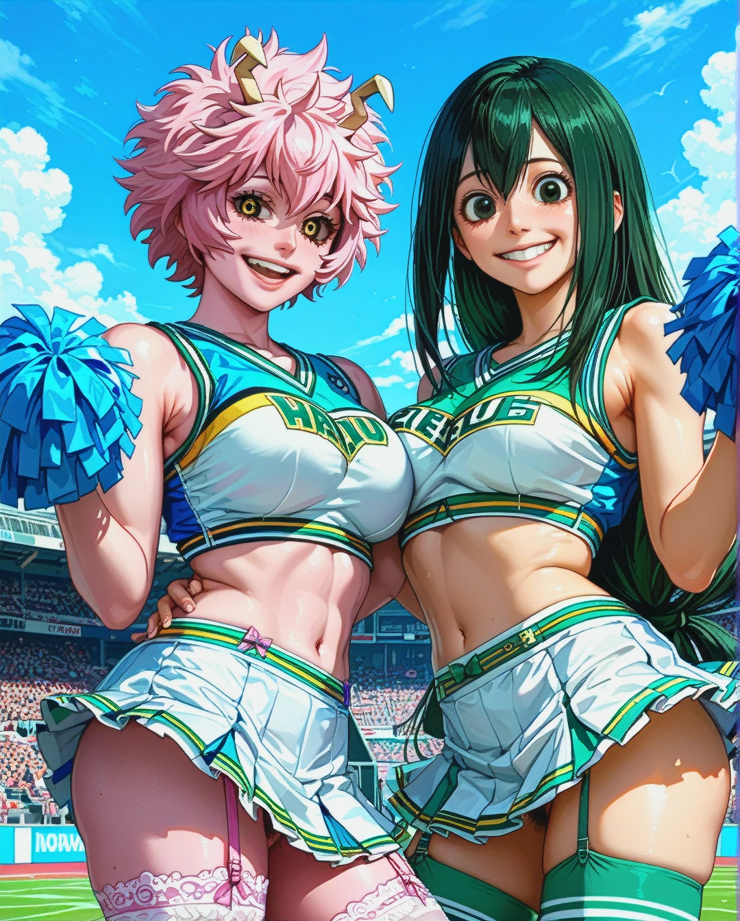 2 girls, mina ashido, asui tsuyu, happy, cheerleader uniform , garter belt, pubic hair,