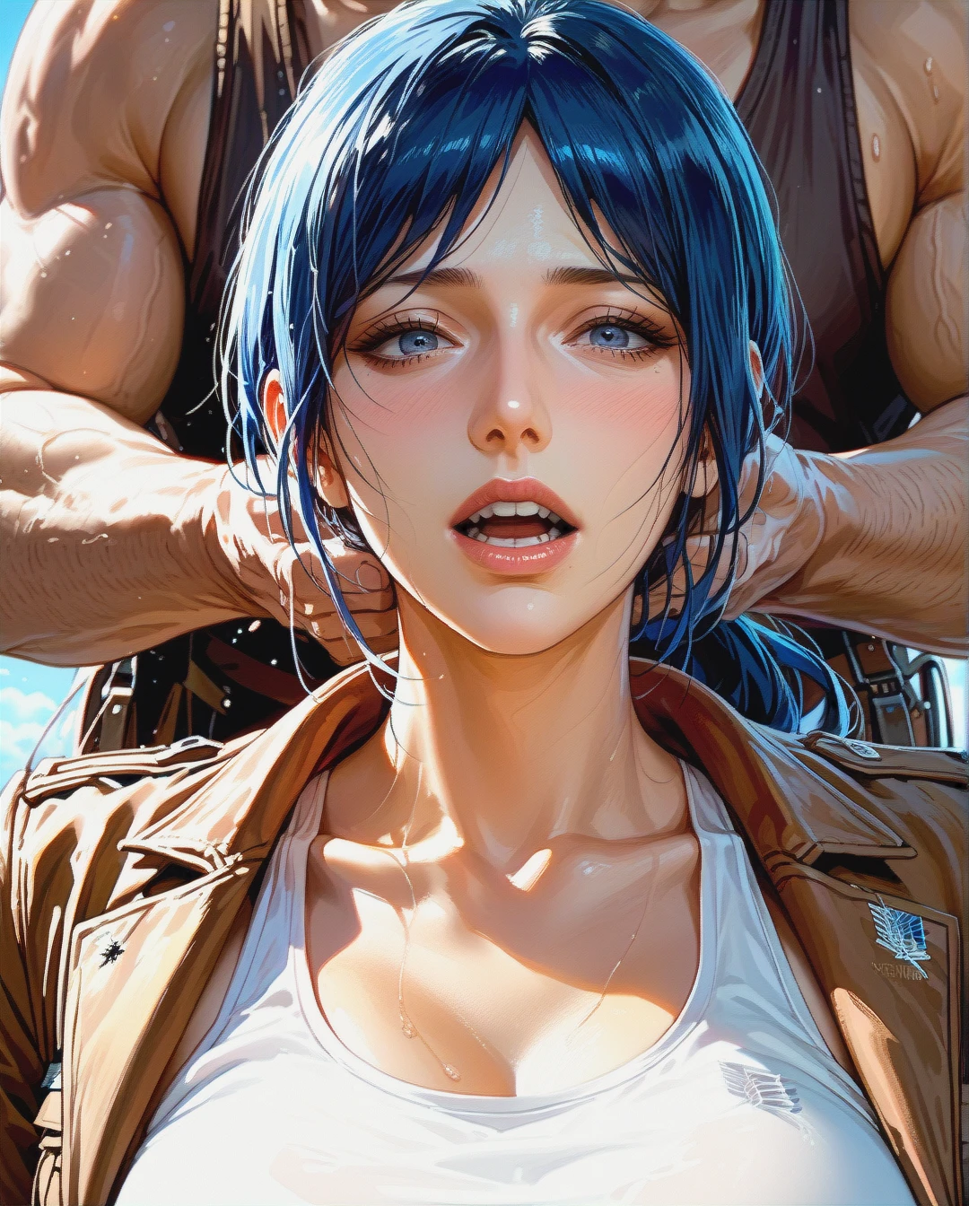 Rinko iori, mature, Brown jacket attack on titan with tank top white, Grabbed by old man, ponytail,face sharp,face focus