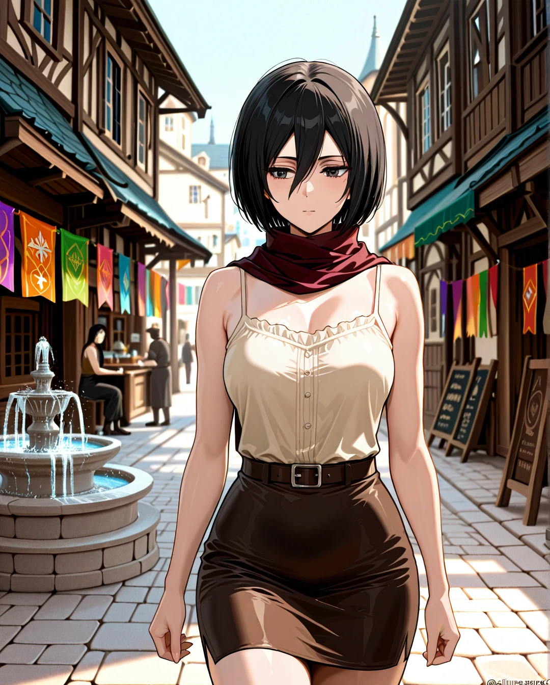 highly detailed, best quality, village square with fountain, colorful banners hanging between buildings, street vendors selling fruits and potions, adventurers resting at a tavern, a bard playing music in the town square, guards patrolling the streets. Beige camisole, olive pencil skirt, chatting. @mikasa_ackerman