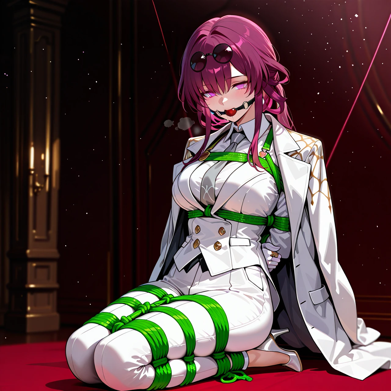 1girl, alternate costume, breasts, coat, coat on shoulders, collared shirt, formal, gloves, grey necktie, jacket, jewelry, kafka \(honkai: star rail\), long hair, long sleeves, necktie, pants, purple hair, ring, shirt, solo, suit, vest, white coat, white gloves, white jacket, white necktie, white pants, white shirt, white vest, white heels, bondage, gagged, gag, ball gag, bound, bound ankles, bound arms, bound legs, rope pattern on chest, green rope, (bondage), (shibari)