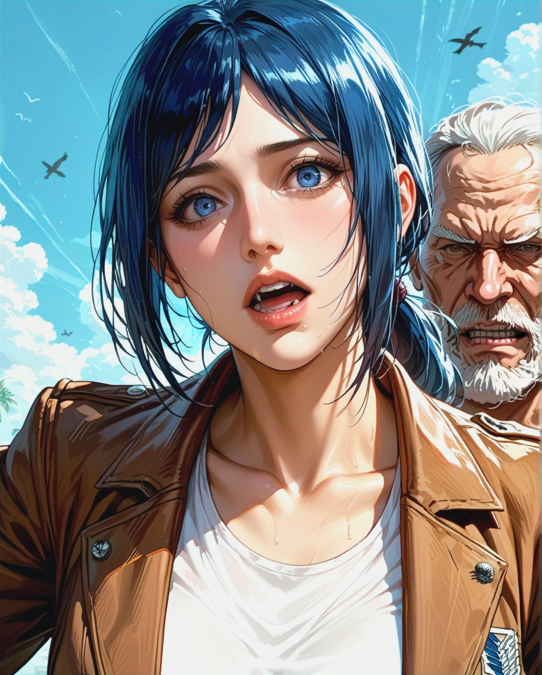 Rinko iori, mature, Brown jacket attack on titan with tank top white, Grabbed by old man, ponytail,face sharp,face focus