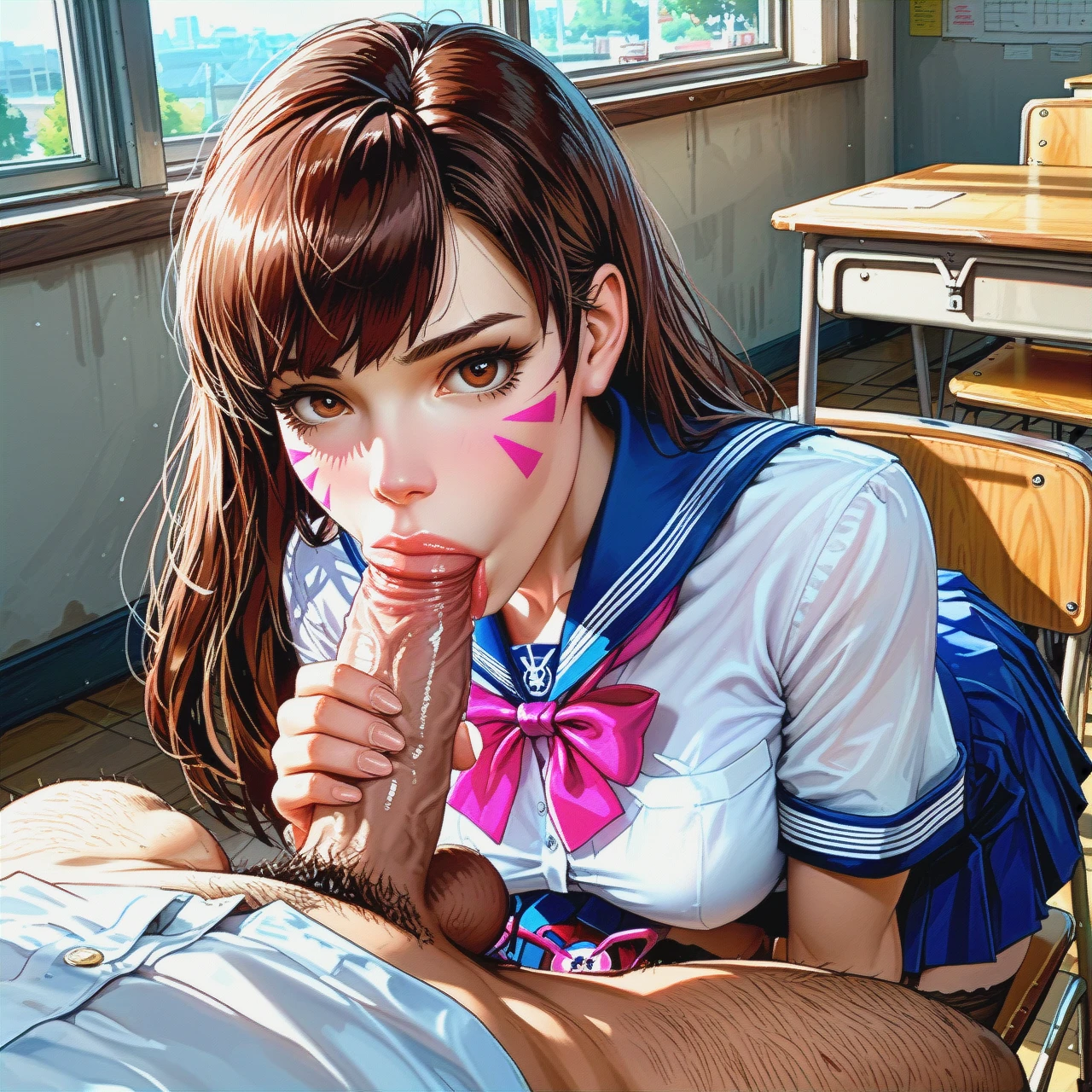 @d.va , classroom, schoolgirl , school_uniform, (fellatio) , stockings  , (grabbing) , on the desk,  (the_pose) (on_back)