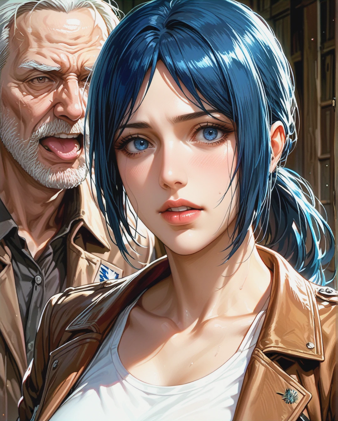 Rinko iori, mature, Brown jacket attack on titan with tank top white, Grabbed by old man, ponytail,face sharp,face focus