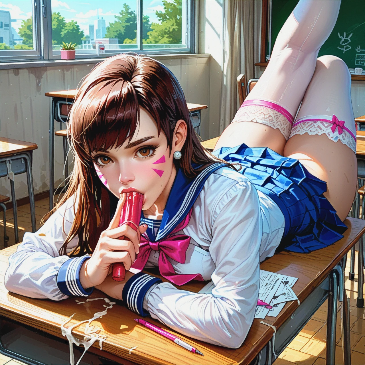 @d.va , classroom, schoolgirl , school_uniform, (oral) , stockings  , (grabbing) , on the desk,  (the_pose) (lying)  (leg_up)