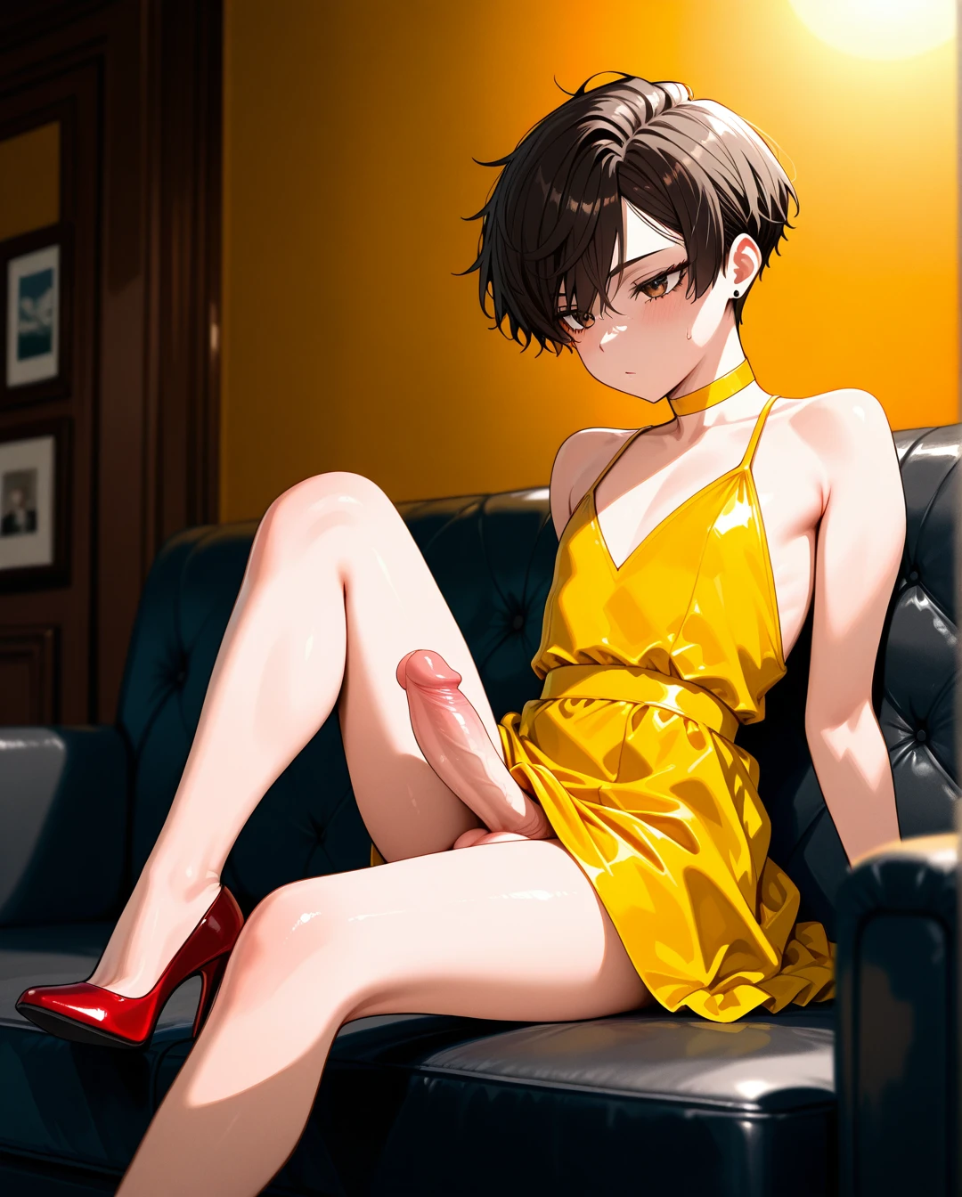 (petite), (reverse_trap), (futanari), (flat_chest), brunette pixie cut hair, yellow choker, yellow dress, red mary jane high heel pumps, erected up penis, sitting on a sofa, classroom