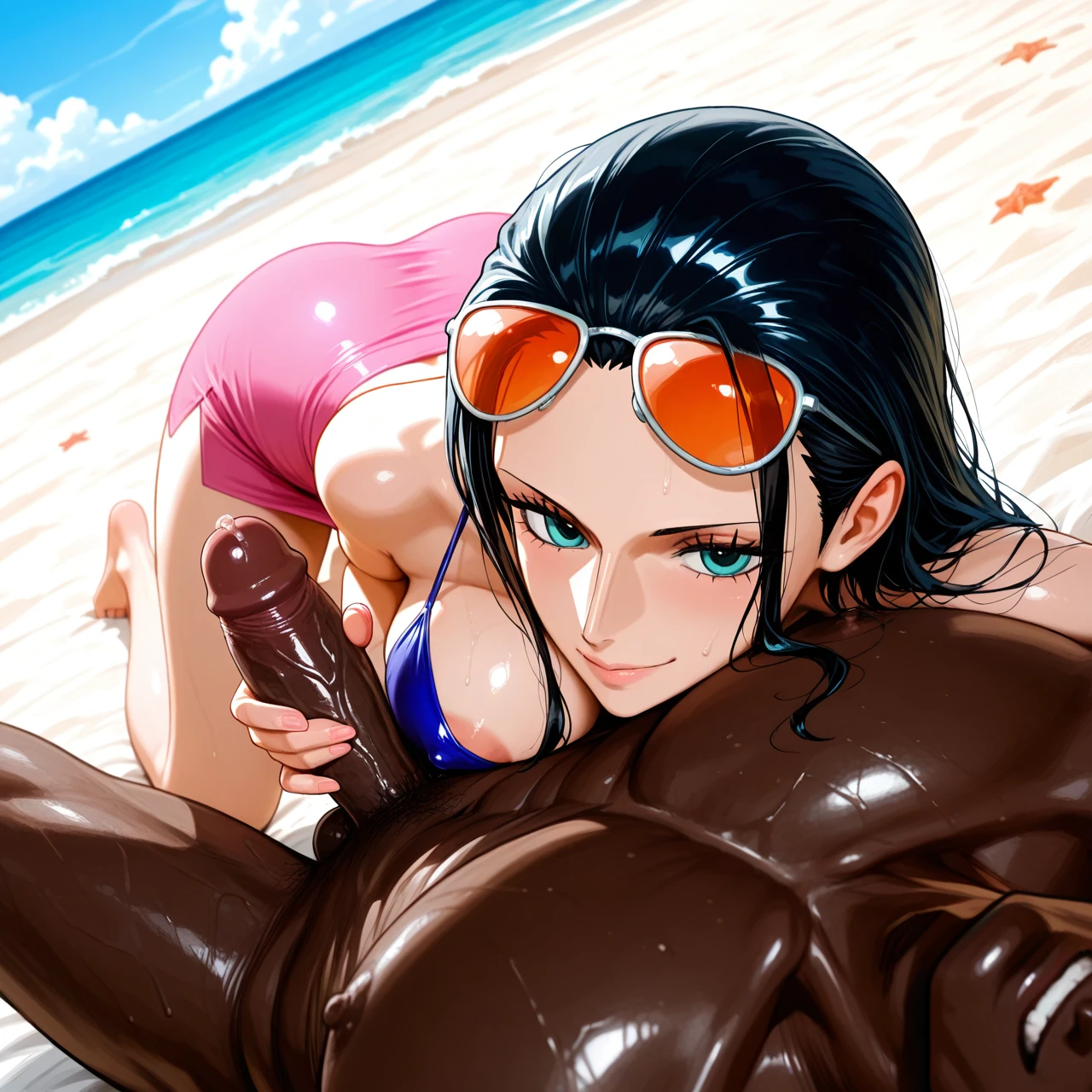 beach, sole male, sole female, sunglasses on head, pink skirt, fishman island outfit, (nipple_slip) , (cuddling_handjob) , @nico_robin , interracial, bbc, precum