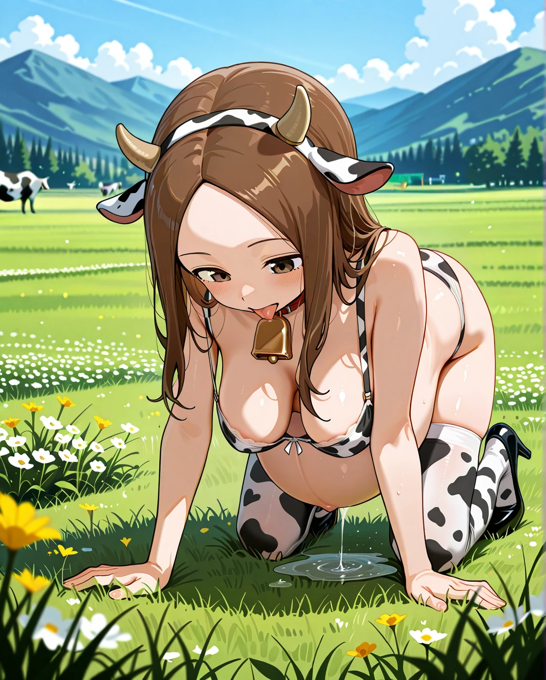 @takagi-san , (pregnant), wavy Lush hair , (medium_breasts), bra,panties, stockings, high heels, cow print, cow bell,cow horns, cow ears, (head_down),(all_fours) (hanging_breasts) ,  , in green field,mountain, flowers, pasture, licking water from puddle, full body from front