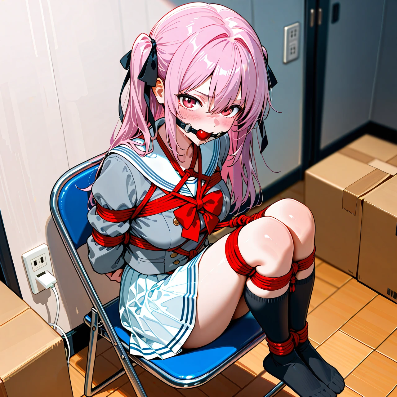 1girl, arms behind back, bdsm, black ribbon, black socks, blush, bondage, bound, bound ankles, bound arms, bound legs, bow, bowtie, box, buttons, cardboard box, chair, electrical outlet, folding chair, full body, grey shirt, hair between eyes, hair ribbon, indoors, jacket, kneehighs, legs together, long hair, long sleeves, looking at viewer, miniskirt, no shoes, on chair, pink eyes, pink hair, pleated skirt, puffy sleeves, purple hair, red bow, red bowtie, red eyes, red rope, restrained, ribbon, rope, sailor collar, school uniform, serafuku, shibari, shibari over clothes, shirt, sitting, skirt, socks, solo, white sailor collar, white skirt, wooden floor, bondage, gagged, gag, ball gag, bound, bound ankles, bound arms, bound legs, rope pattern on chest, black rope, (bondage), (shibari)