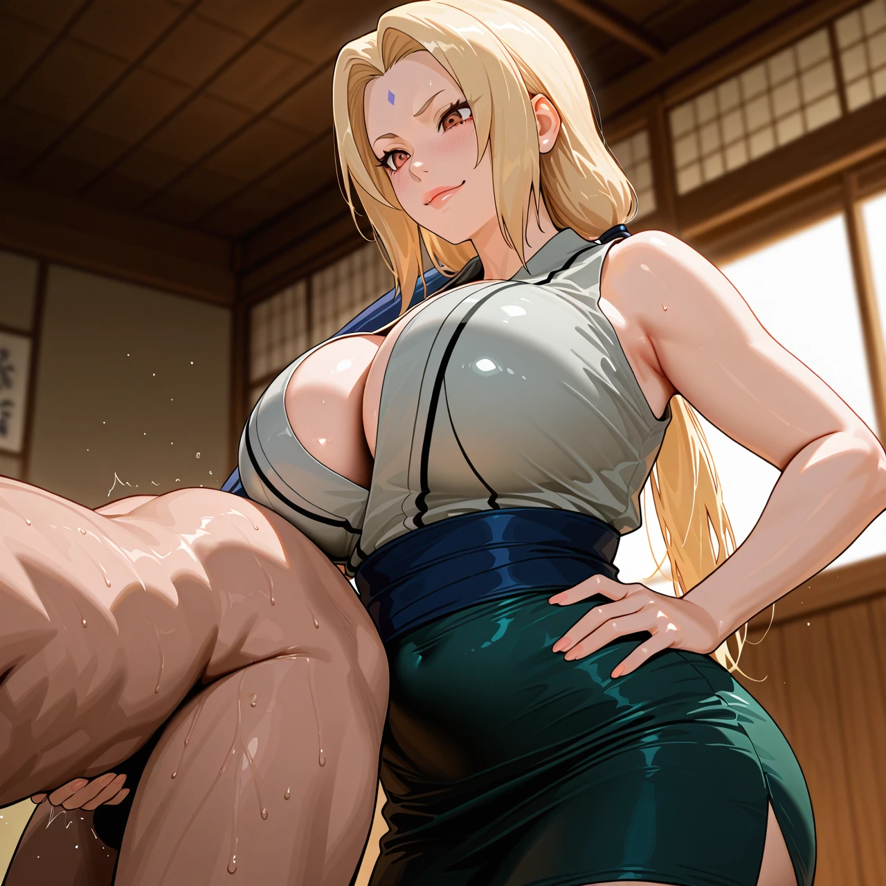 1boy, 1girl, tight skirt, (carrying_over_shoulder), (paizuri_under_clothes), (femdom), , (clothed_female_nude_male), @tsunade