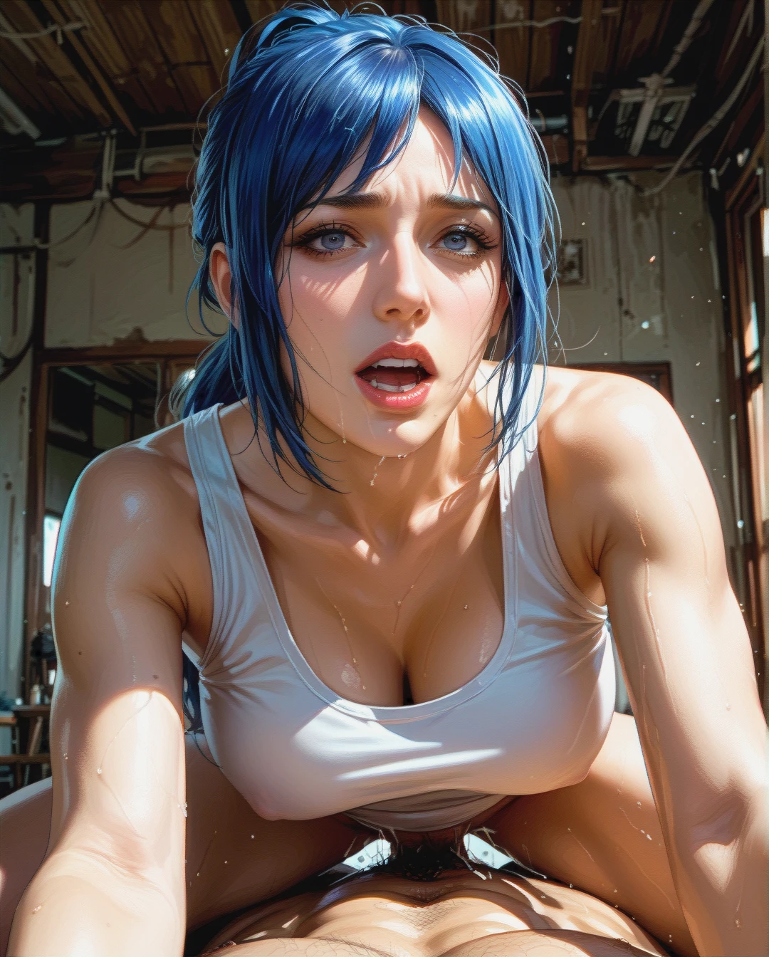 Rinko iori, mature, attack on titan  tank top white, sex grabbed by old man, ponytail,face sharp,High Real Realistic Realistic,blue hair