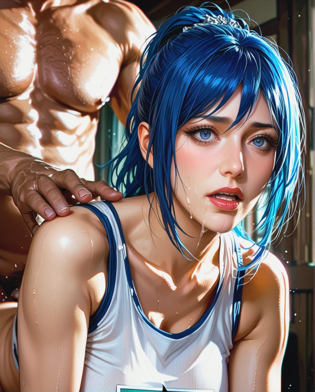 Rinko iori, mature, attack on titan  tank top white, sex grabbed by old man, ponytail,face sharp,High Real Realistic Realistic,blue hair