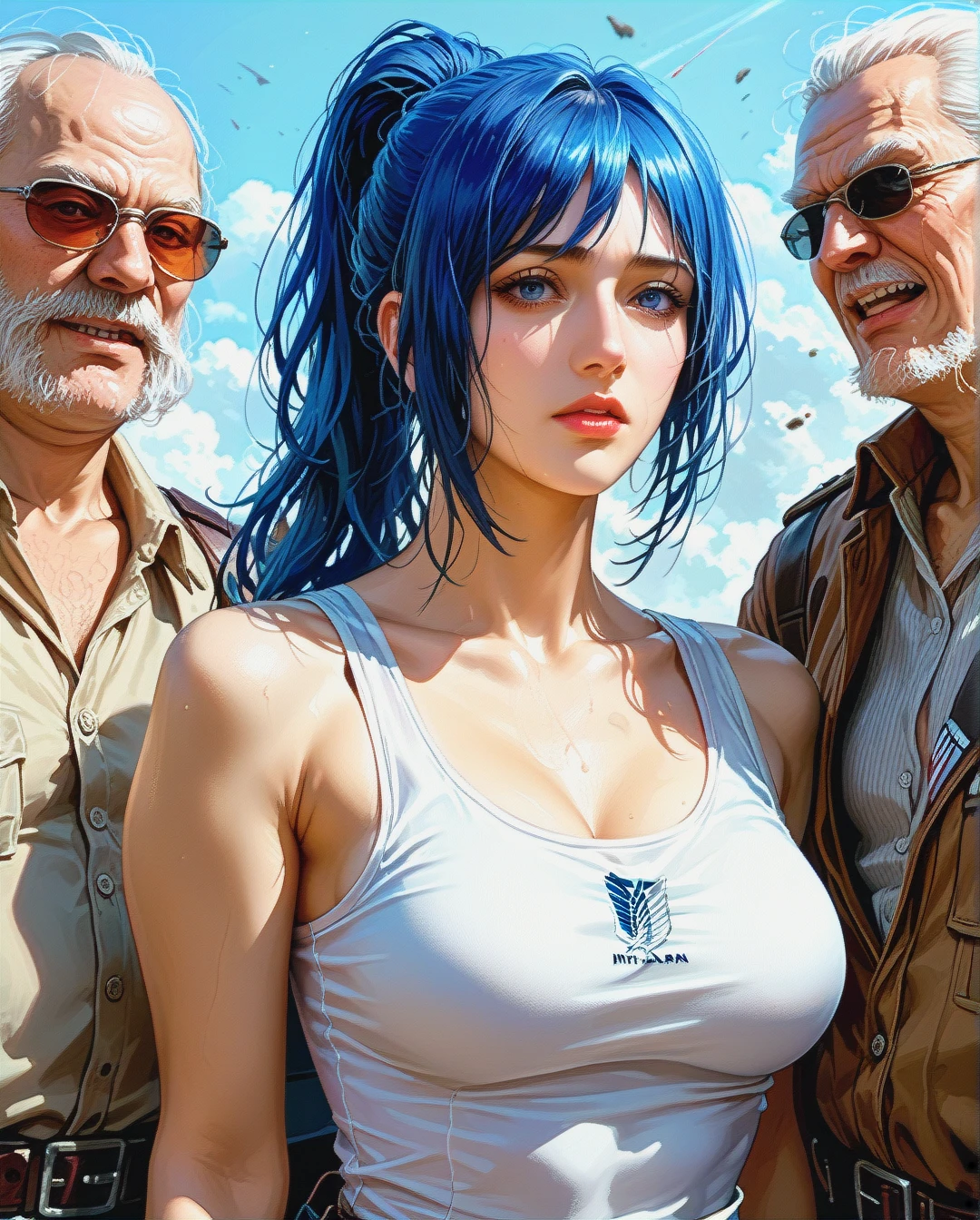 Rinko iori, mature, attack on titan  tank top white, grabbed  breast chest by old man, ponytail,face sharp,High Real Realistic Realistic,blue hair