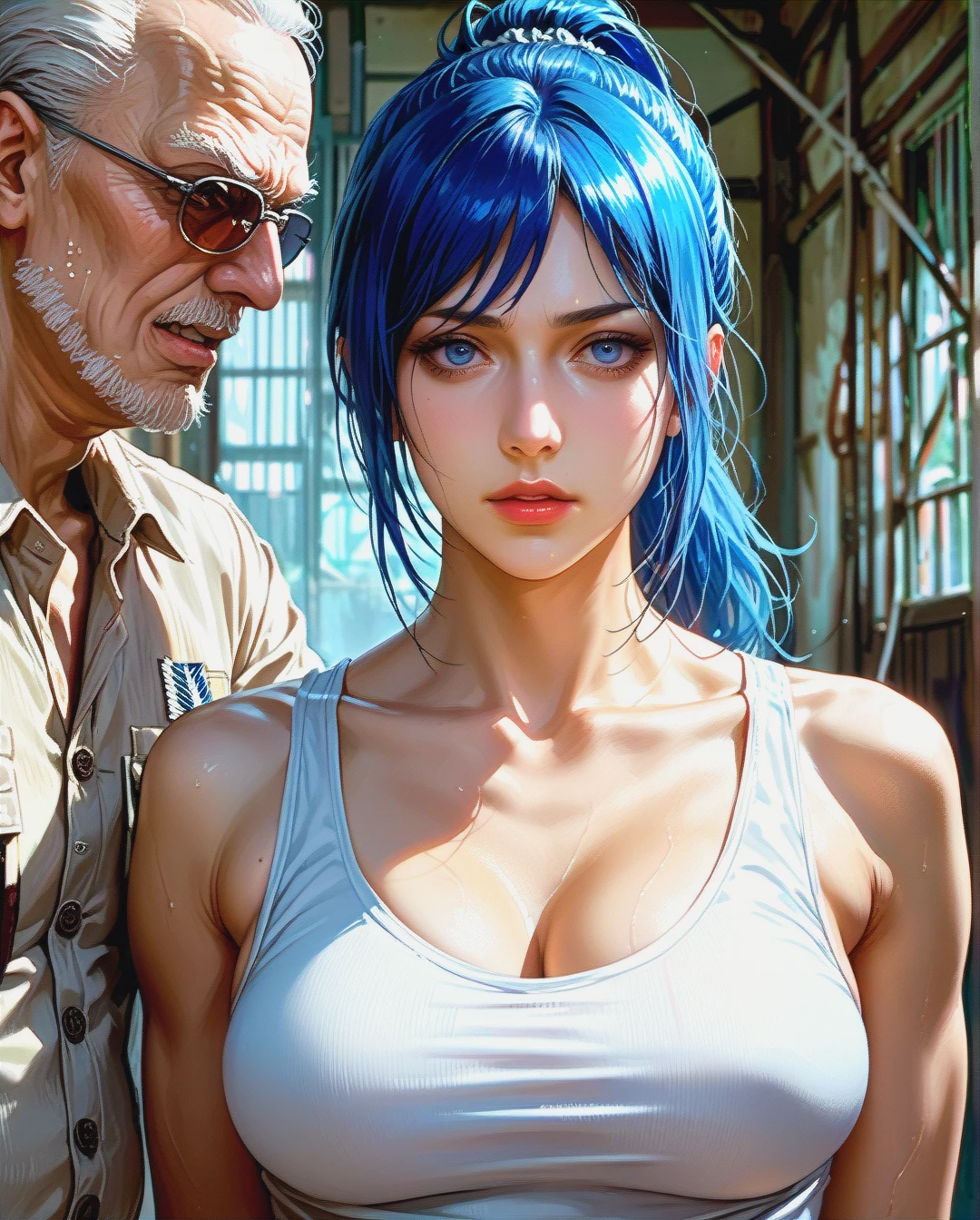 Rinko iori, mature, attack on titan  tank top white, grabbed  breast chest by old man, ponytail,face sharp,High Real Realistic Realistic,blue hair