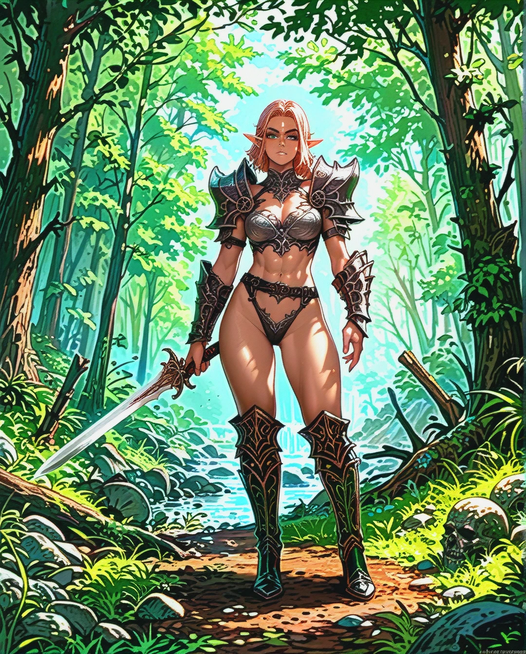 Drow elf woman, grey skin, pointy ears, toned body, revealing armour, boots, forrest, holding sword