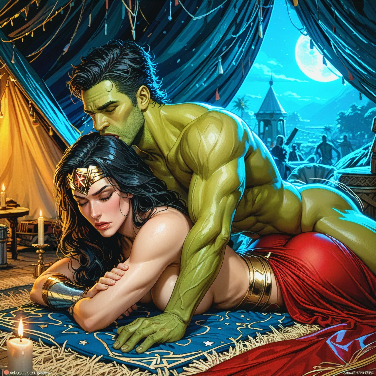 Hulk,@wonder_woman,deep thrusting,absurdres,comic,(bored),(vaginal),(closed_eyes),bad ending,fucked,arabain dress,arabian accessory,undressing,arabian night,tent,candle,fucked,naked , ,(reach-around) ,seduce,licking her,protecting,prone bone ,cuddling from behind ,moan,ferocity ,trying to escape