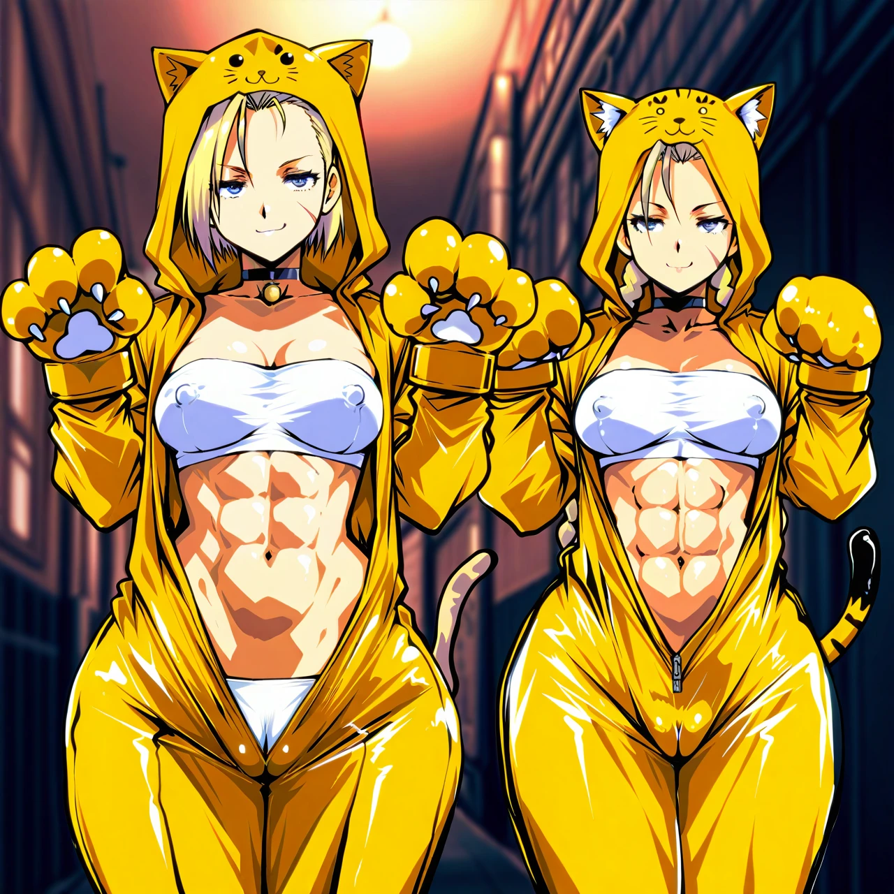 (kamisimo 90), (cammy white), (solo), (standing), (paw pose), (smug), (yellow cat onesie), (open onesie), (hood up), (paw gloves), (white bandeau), (stick nipple bulge), (covered nipples), (medium breasts), (abs), (wide hips), (huge cameltoe)