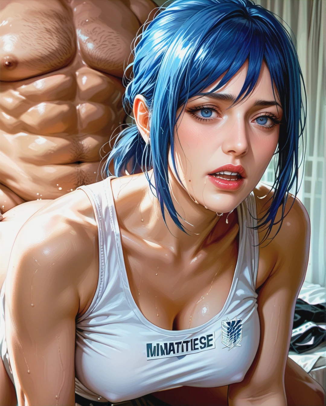 Rinko iori, mature, attack on titan  tank top white, sex grabbed by old man, ponytail,face sharp,High Real Realistic Realistic,blue hair