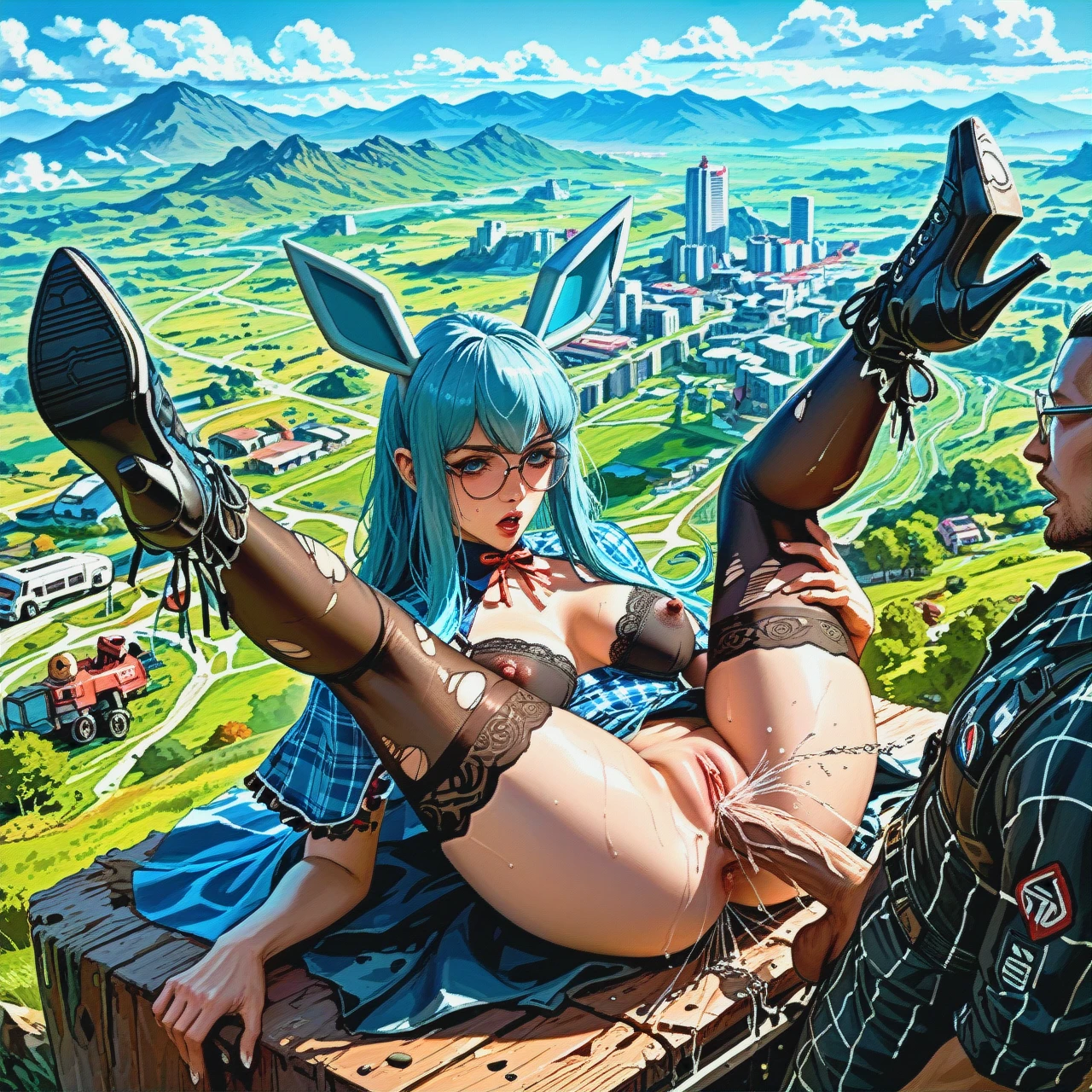 1girl,1boy, a girl with a man missionary, sucking_nipple, squirting, spit_on anus,arms_up,slippery_nipple,slim_waist,on_her knees, floral_dress,glaceon,capelet,boots, socks,landscape,black_bra,white_sneakers, plaid_shirt,torn_thighhighs,round_glasses,teddy,heels, cyberpunk, smartwatch, Realistic_style, Brightly