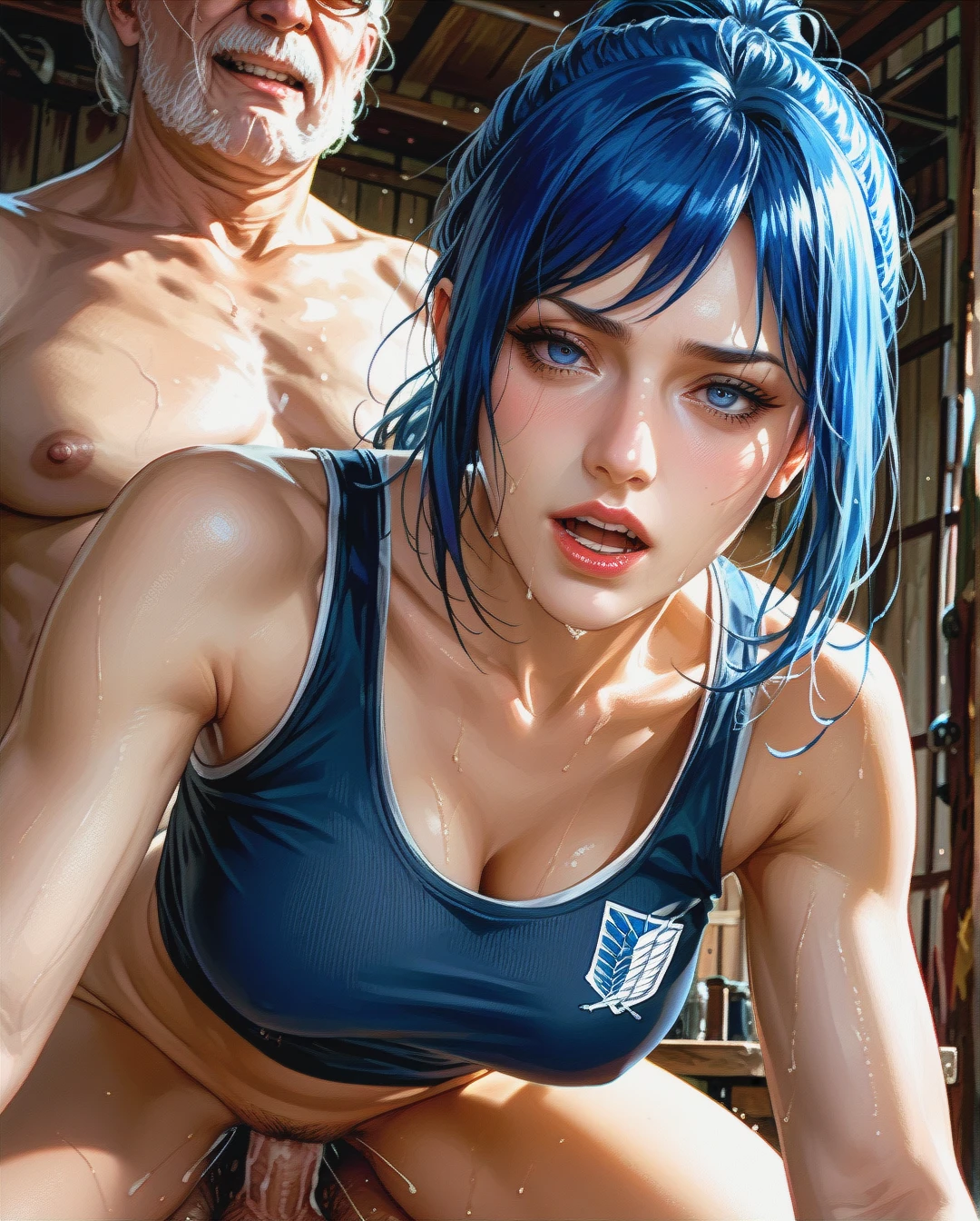 Rinko iori, mature, attack on titan  tank top white, sex grabbed by old man, ponytail,face sharp,High Real Realistic Realistic,blue hair