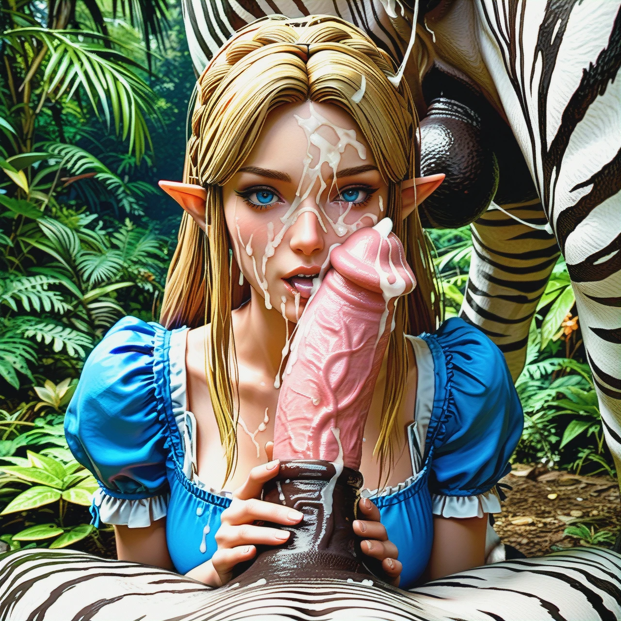 3d,zelda,jungle,close-up,pov,alice in wonderland dress,cock worship,zebra,animal penis,zoophilia,gigantic,sperm,cum on face,facial