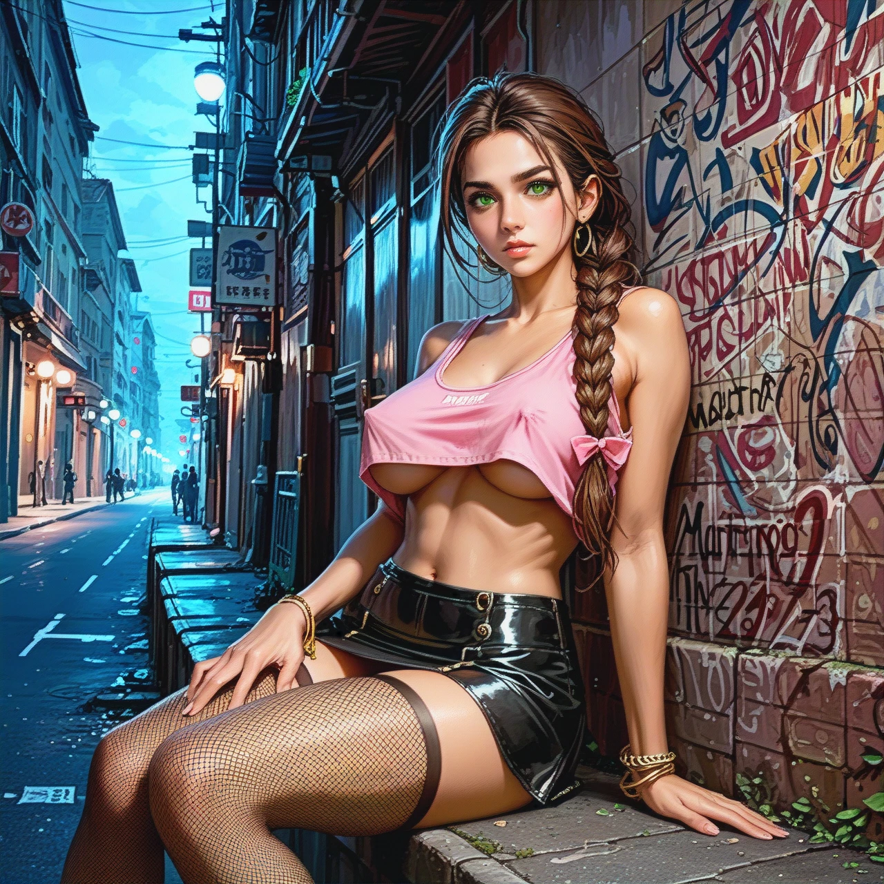 Latina, golden-green eyes, loose braided brown hair, brown skin, pink tank top, braless, underboob, nipple bulges, black microskirt, no panty, black fishnet stockings, empty street, view, dark night, sitting in front of club, leaning against wall, thoughtful, detailed, realistic, low angle