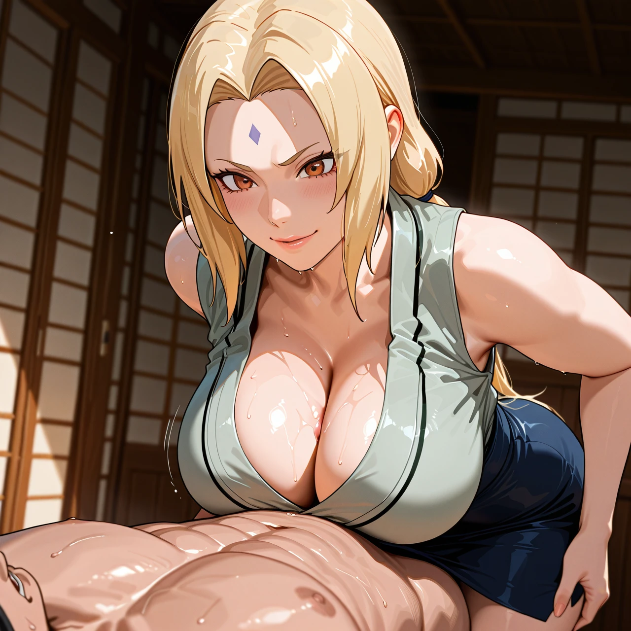 1boy, 1girl, tight skirt, (carrying_over_shoulder), (paizuri_under_clothes), (femdom), , (clothed_female_nude_male), @tsunade